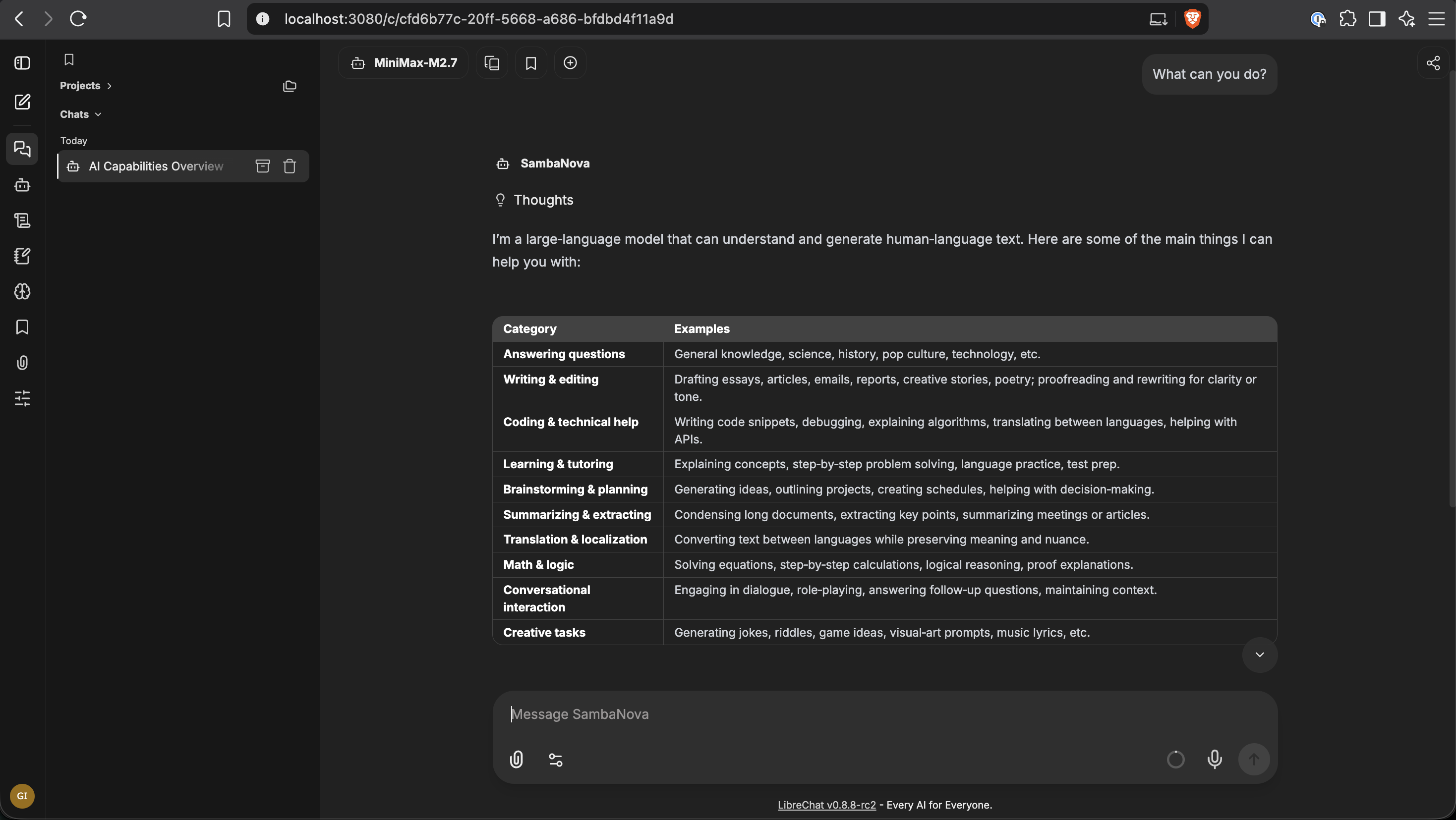LibreChat interface showing a chat with the prompt "What can you do?" answered by the default SambaNova model