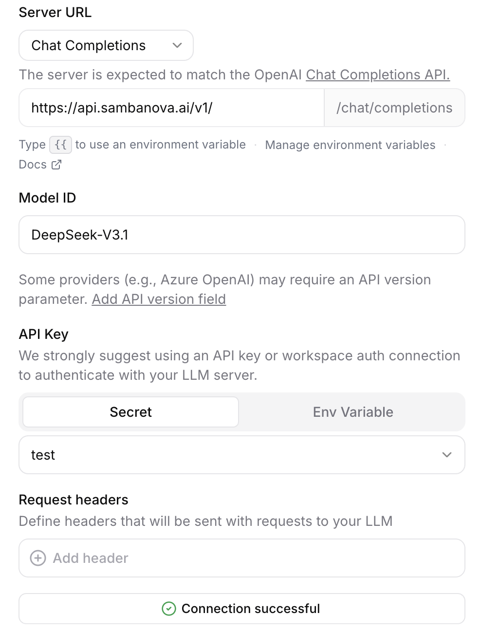 ElevenLabs Custom LLM config with SambaCloud details