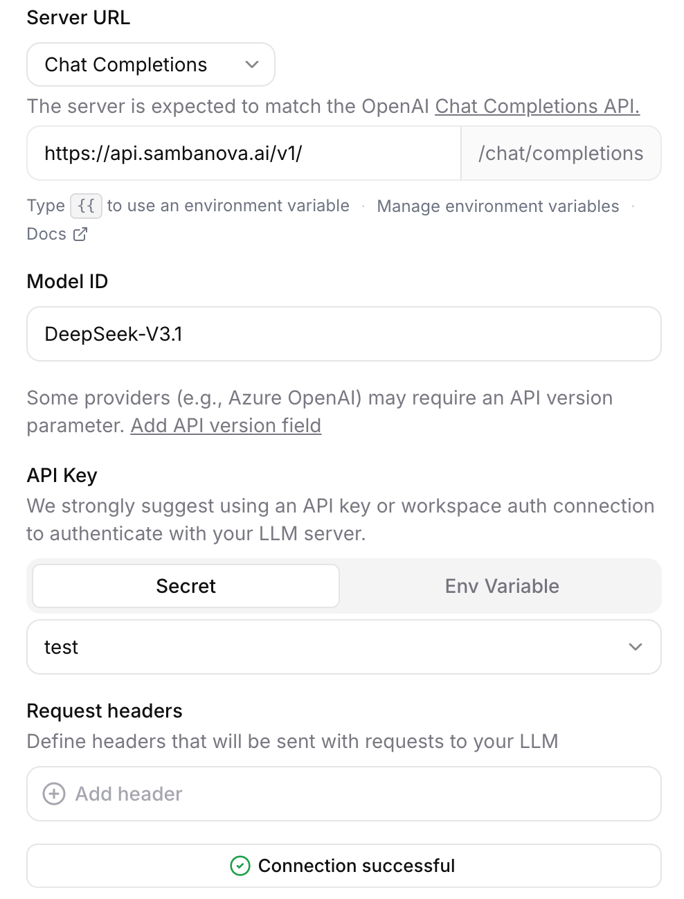 ElevenLabs Custom LLM config with SambaCloud details