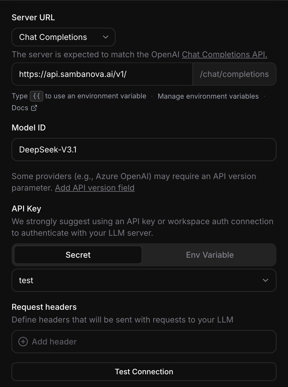ElevenLabs Custom LLM config with SambaCloud details