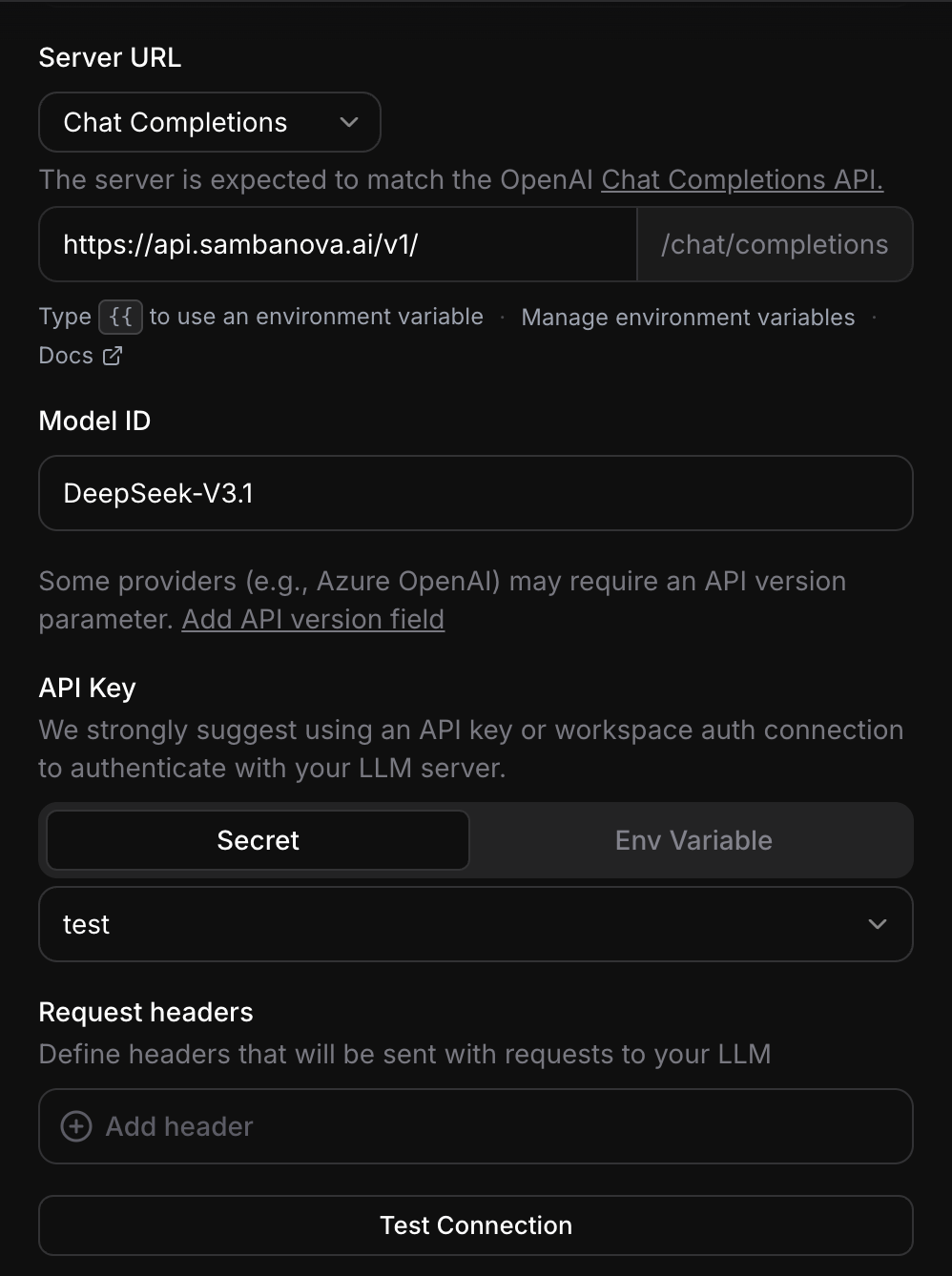 ElevenLabs Custom LLM config with SambaCloud details