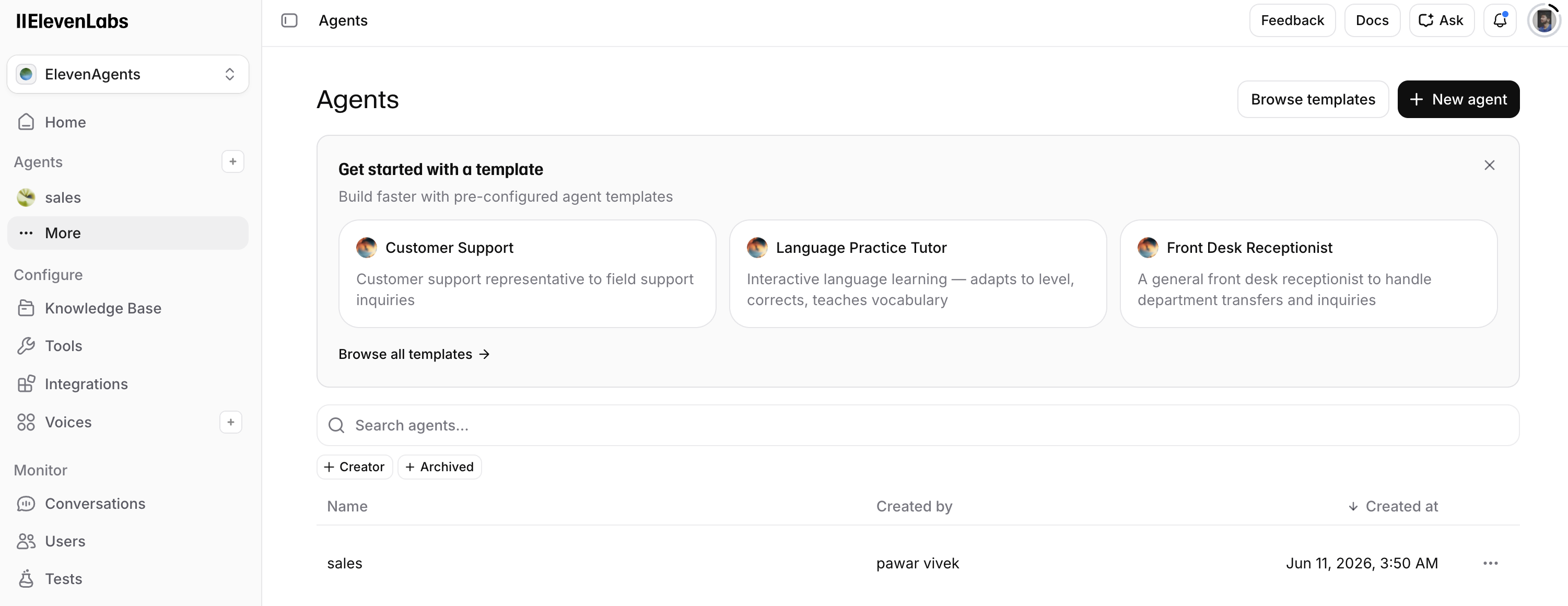 ElevenLabs Agents page with the New agent button