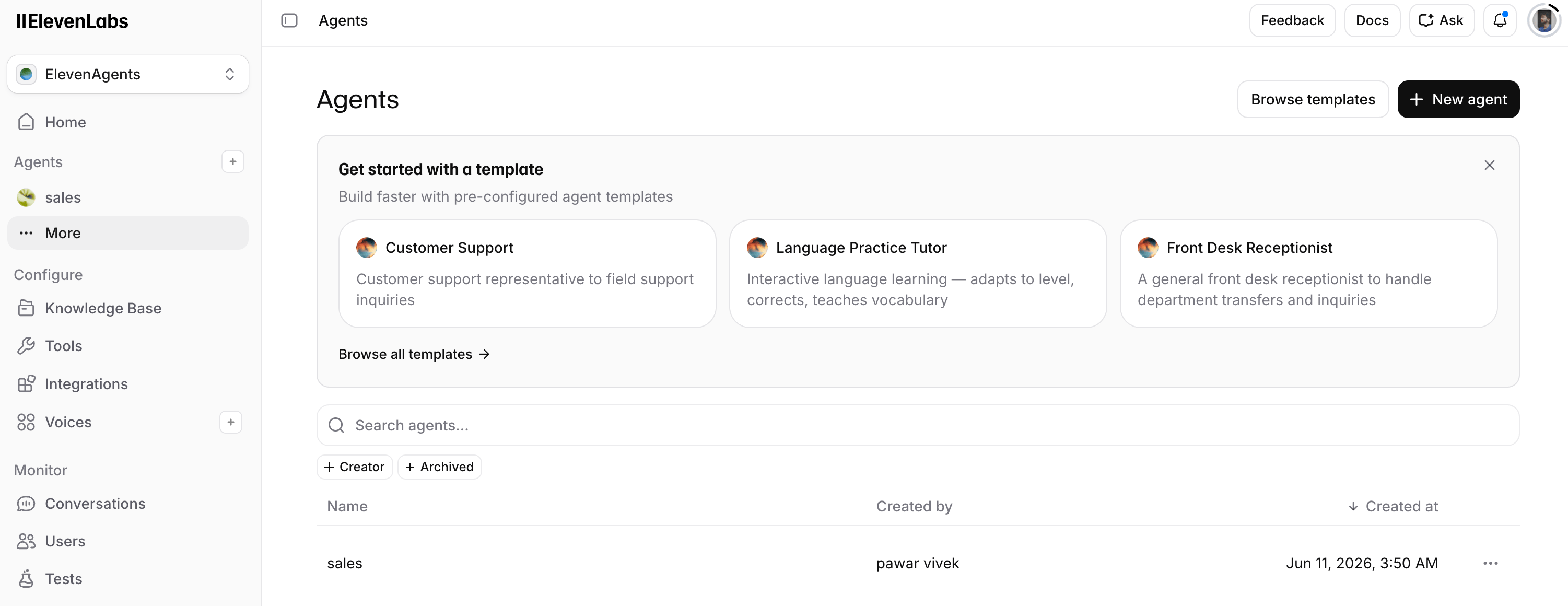 ElevenLabs Agents page with the New agent button