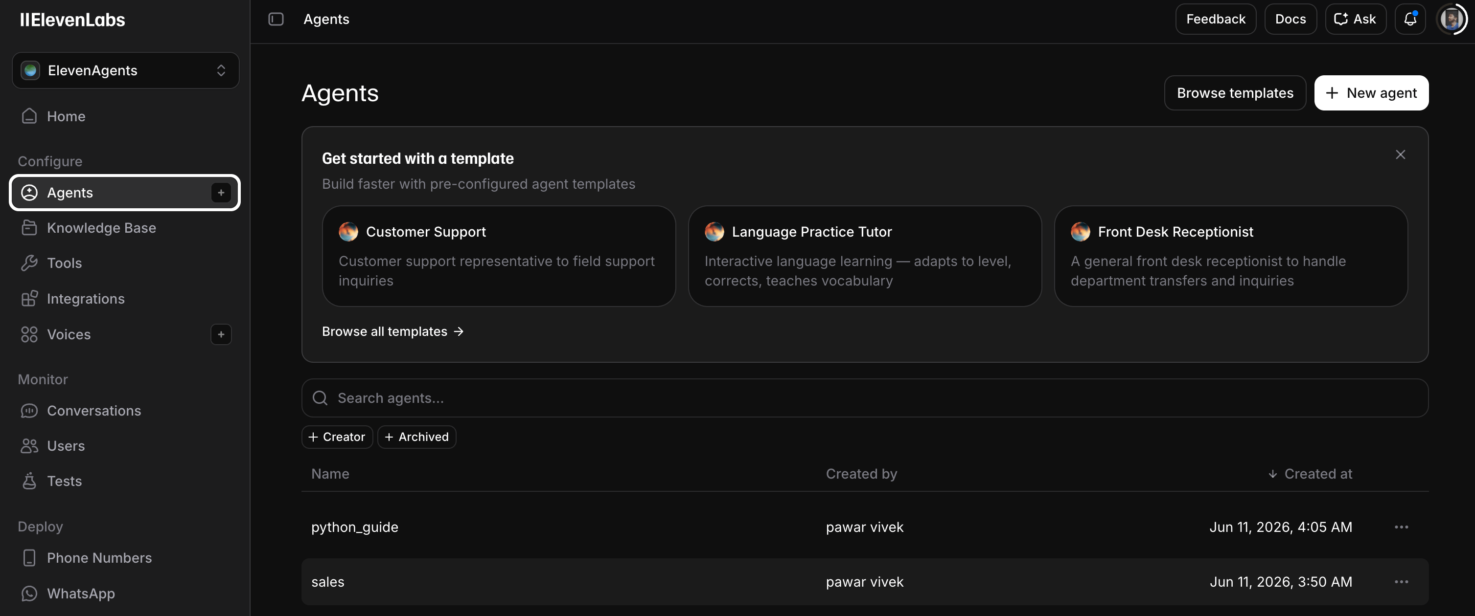 ElevenLabs Agents page with the New agent button