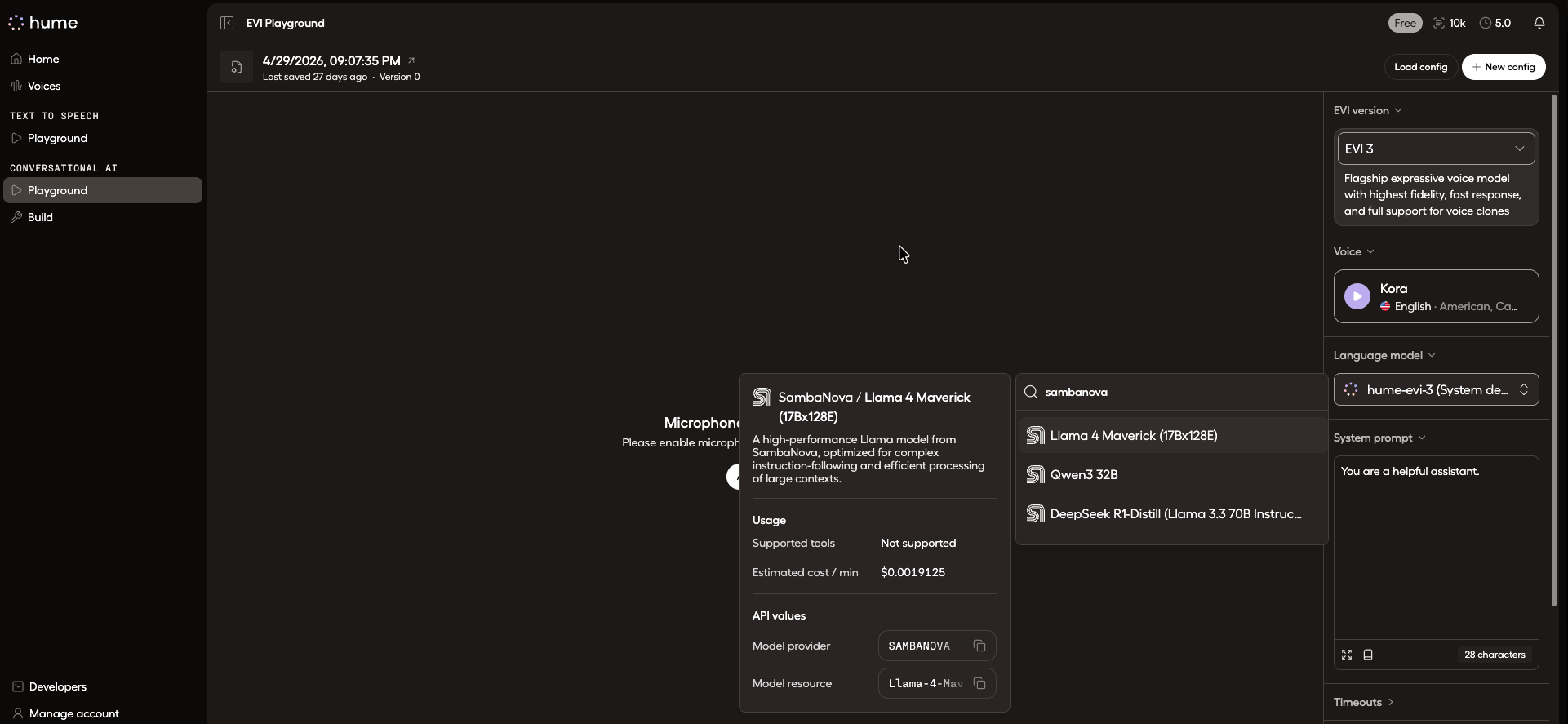 Hume AI Playground with SambaNova model and system prompt (dark mode)