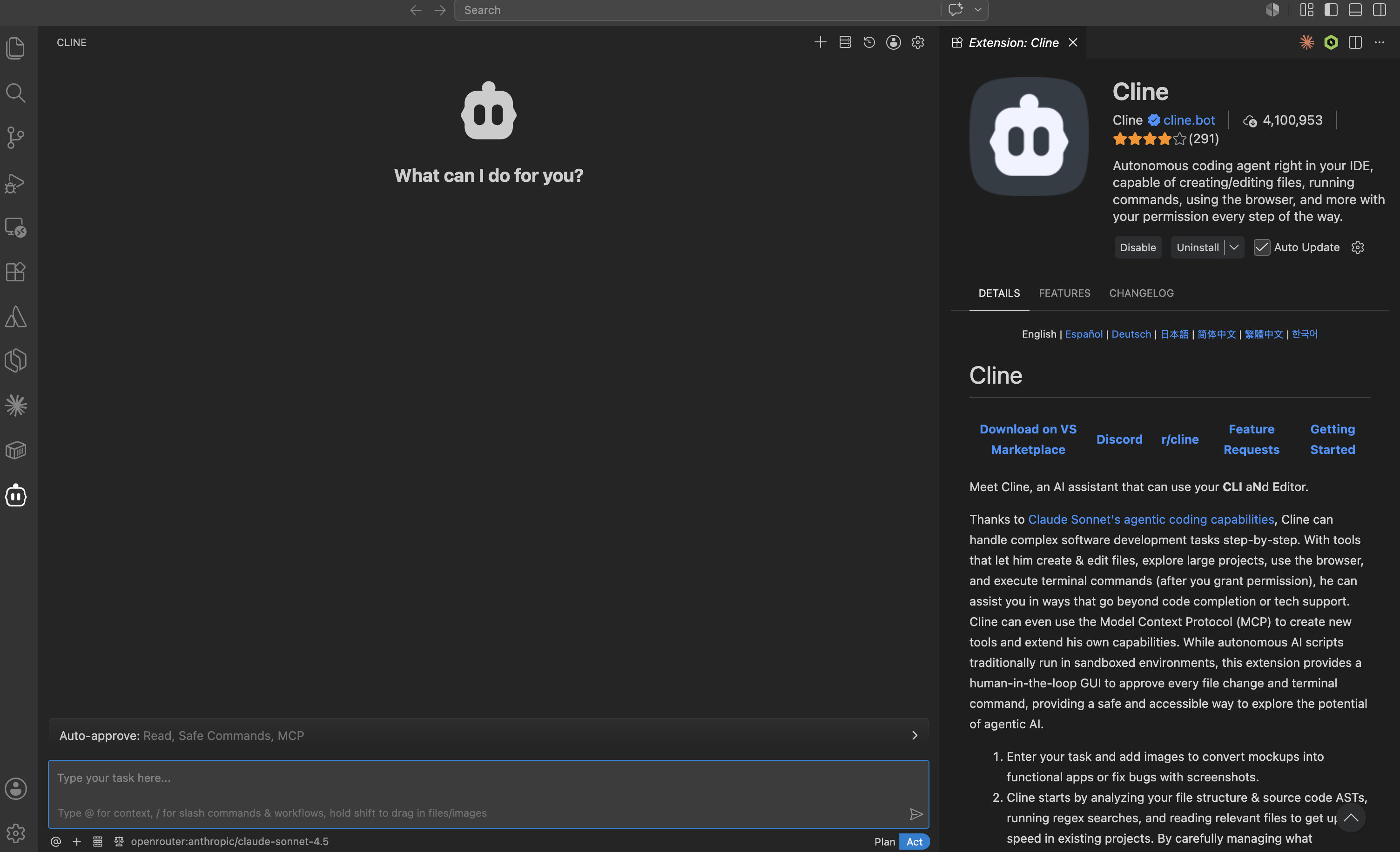 Cline panel in VS Code sidebar (dark mode)