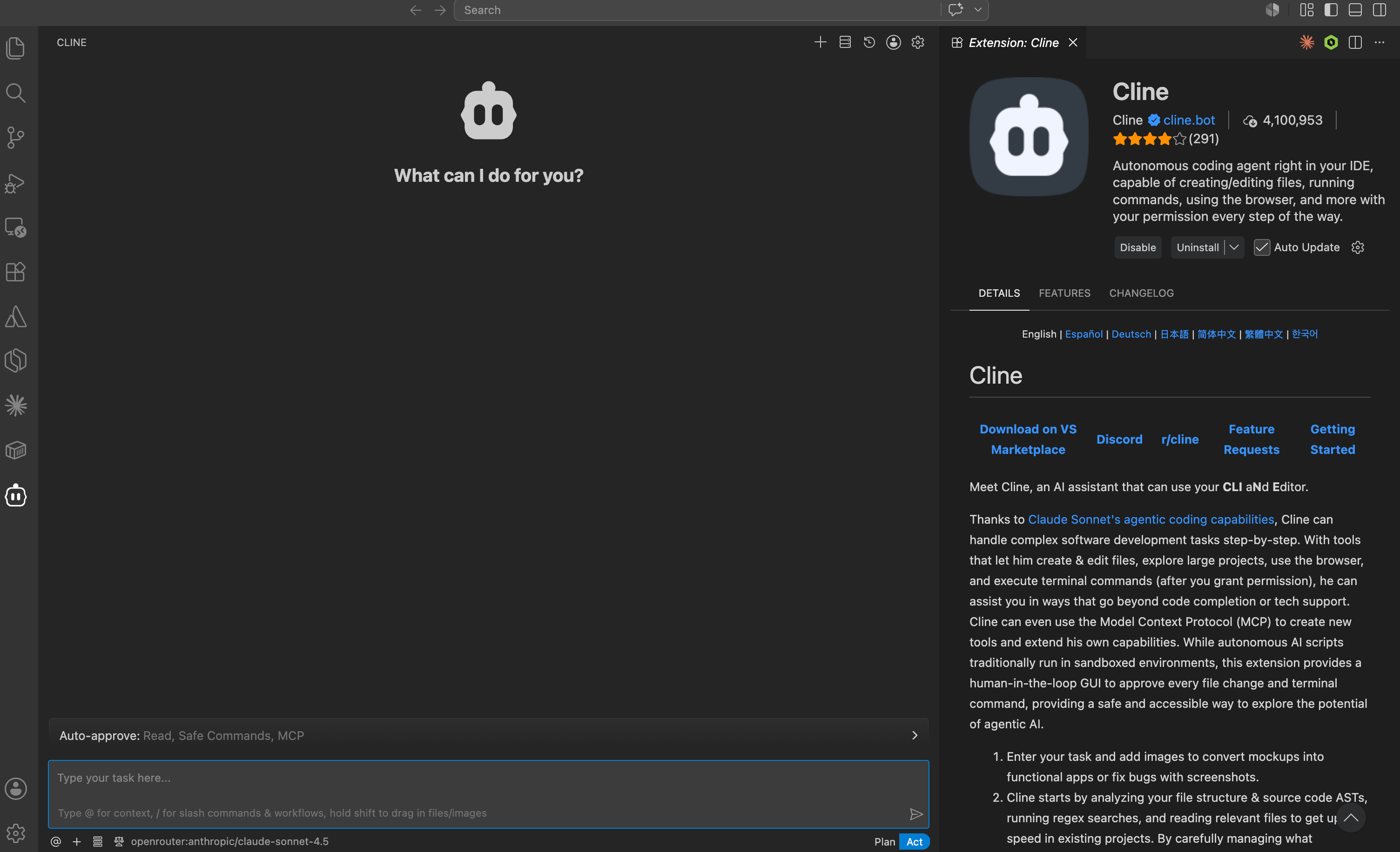 Cline panel in VS Code sidebar (dark mode)
