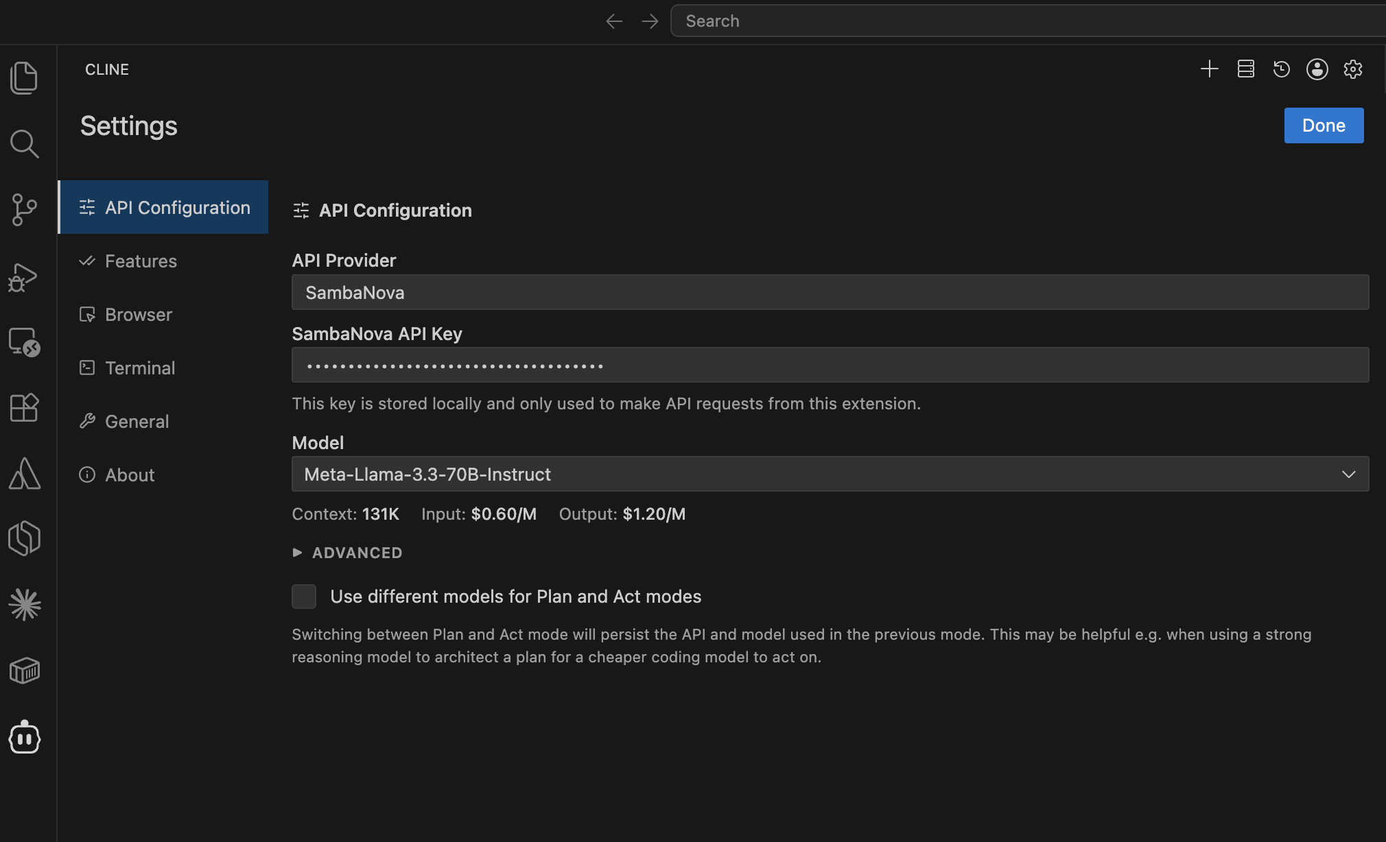 Cline API provider settings with SambaNova selected (dark mode)