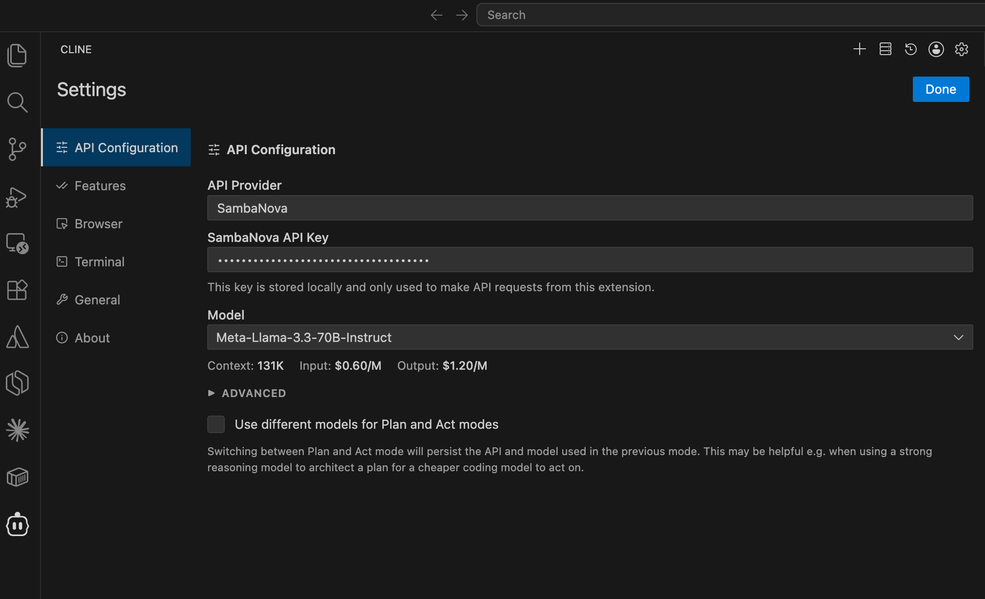 Cline API provider settings with SambaNova selected (dark mode)