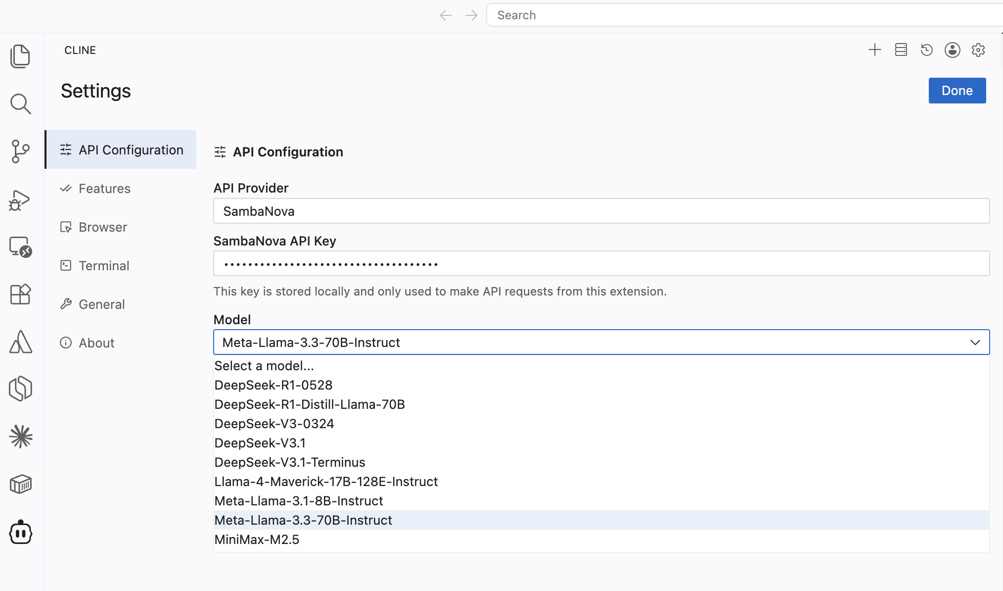 Cline API provider settings with SambaNova selected