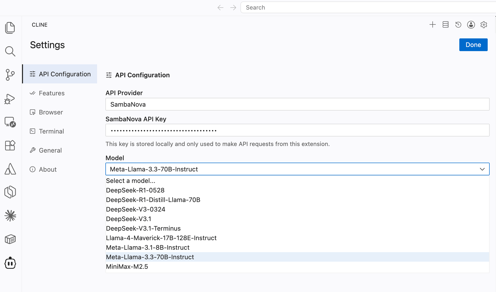 Cline API provider settings with SambaNova selected