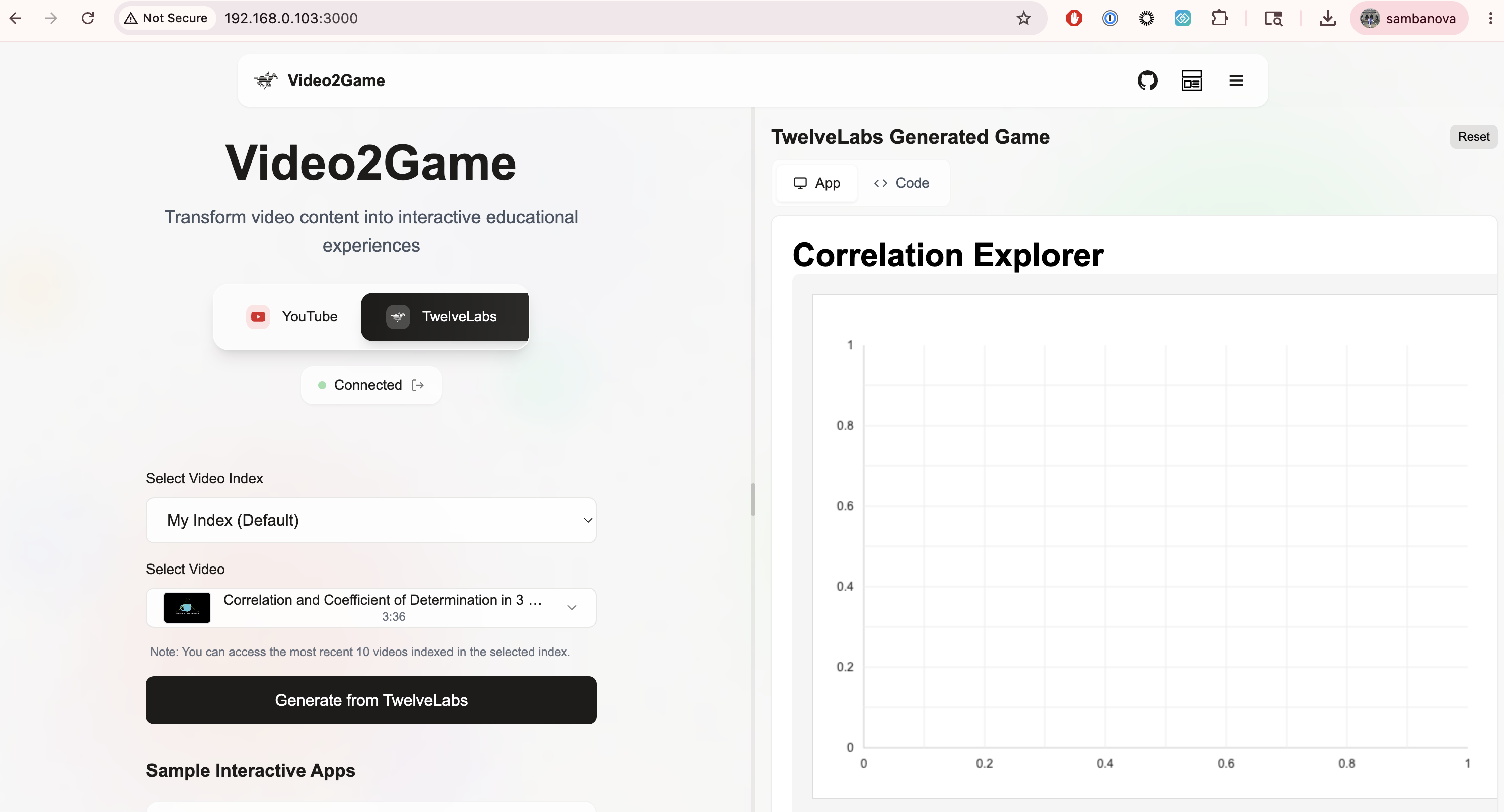 Video2Game app showing generated interactive game in the right panel