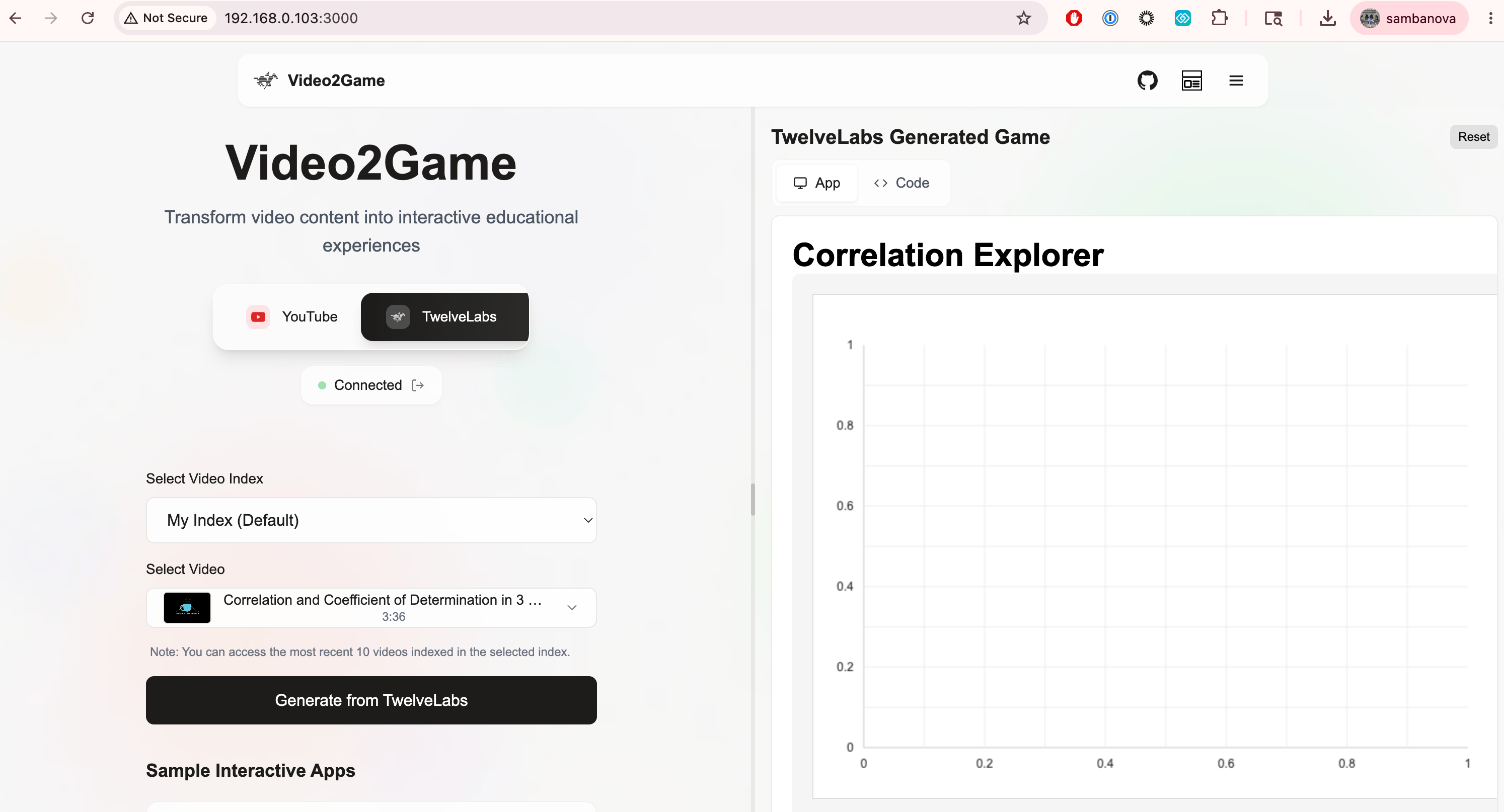 Video2Game app showing generated interactive game in the right panel