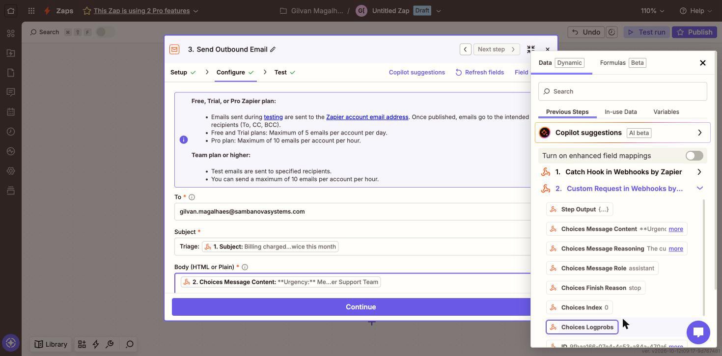 Zapier field picker listing the Custom Request outputs, with Choices Message Content holding the reply and Choices Message Reasoning listed separately.
