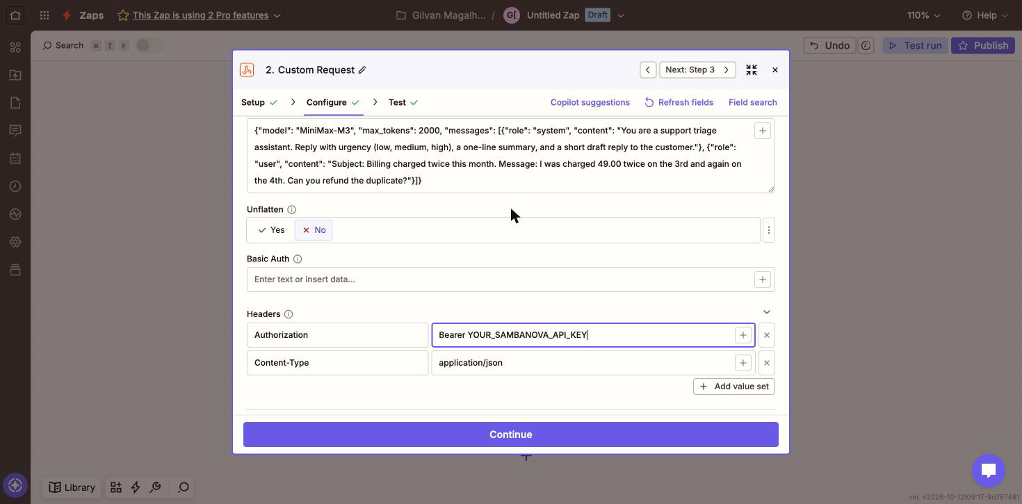 Zapier Custom Request configuration with Unflatten set to No and headers for Authorization and Content-Type.