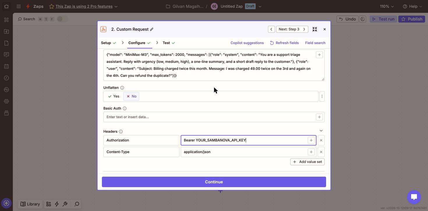 Zapier Custom Request configuration with Unflatten set to No and headers for Authorization and Content-Type.