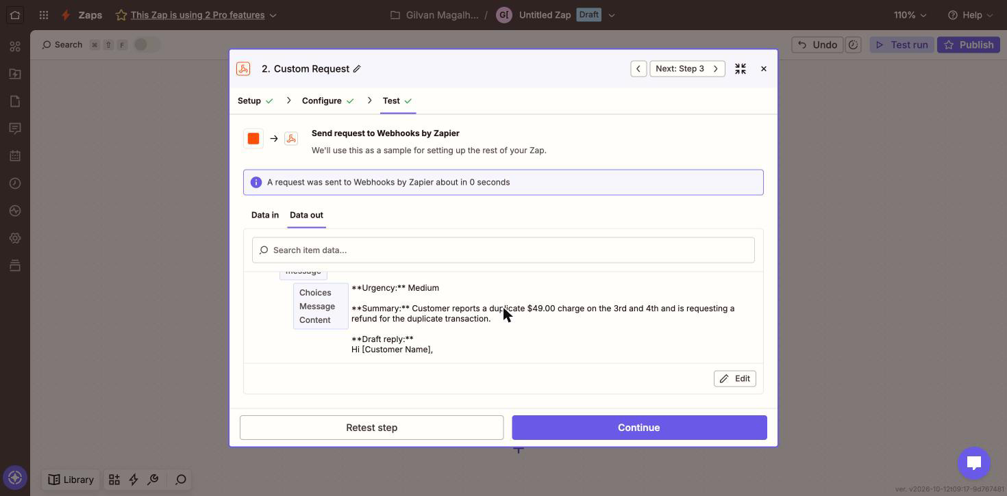 Zapier Data out panel showing the Choices Message Content field containing the reply returned by MiniMax-M3.