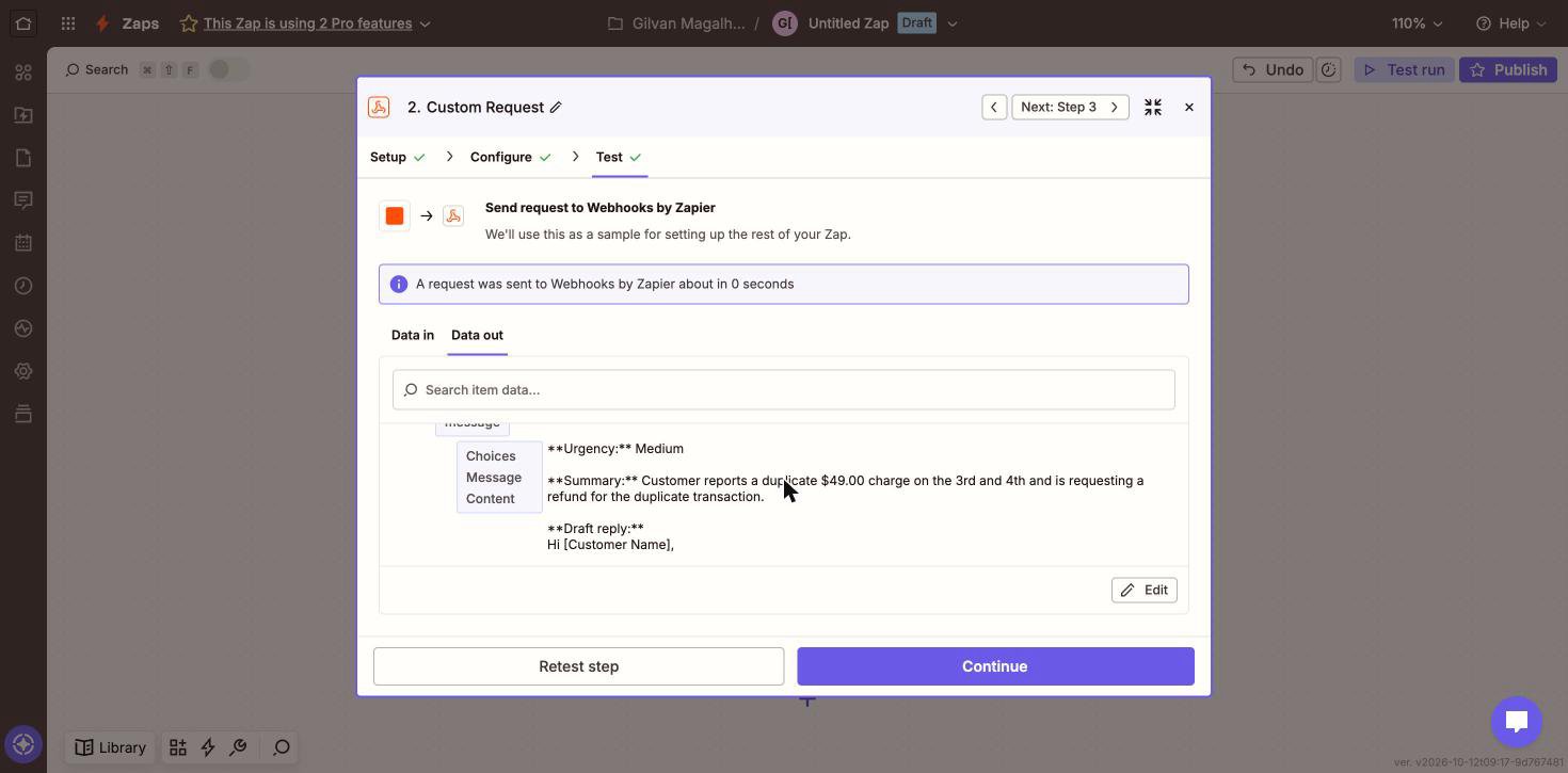 Zapier Data out panel showing the Choices Message Content field containing the reply returned by MiniMax-M3.