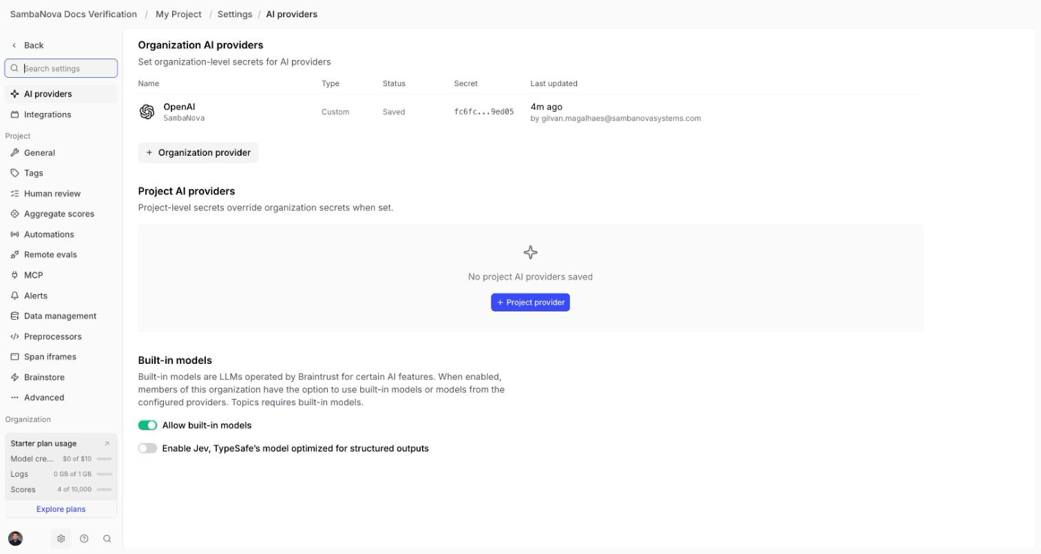 Braintrust AI providers settings page showing an Organization AI provider named SambaNova, type Custom, status Saved, with a masked API key.