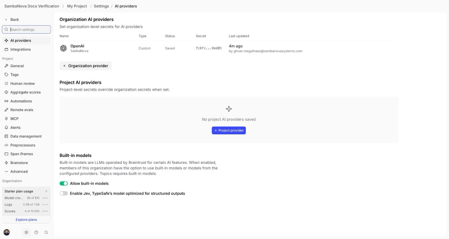 Braintrust AI providers settings page showing an Organization AI provider named SambaNova, type Custom, status Saved, with a masked API key.