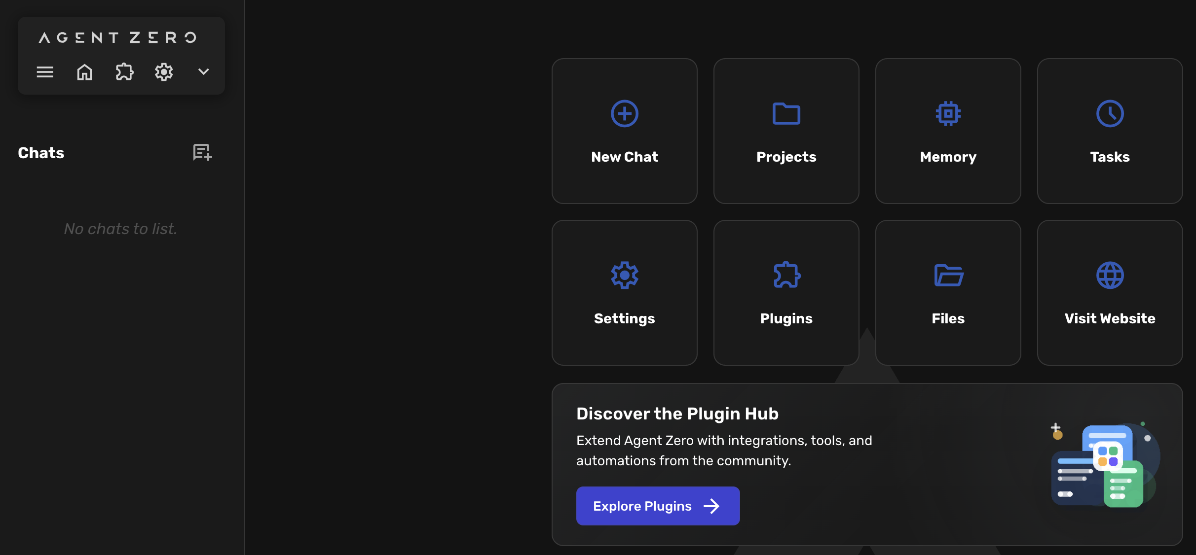 Agent Zero home dashboard with Settings tile