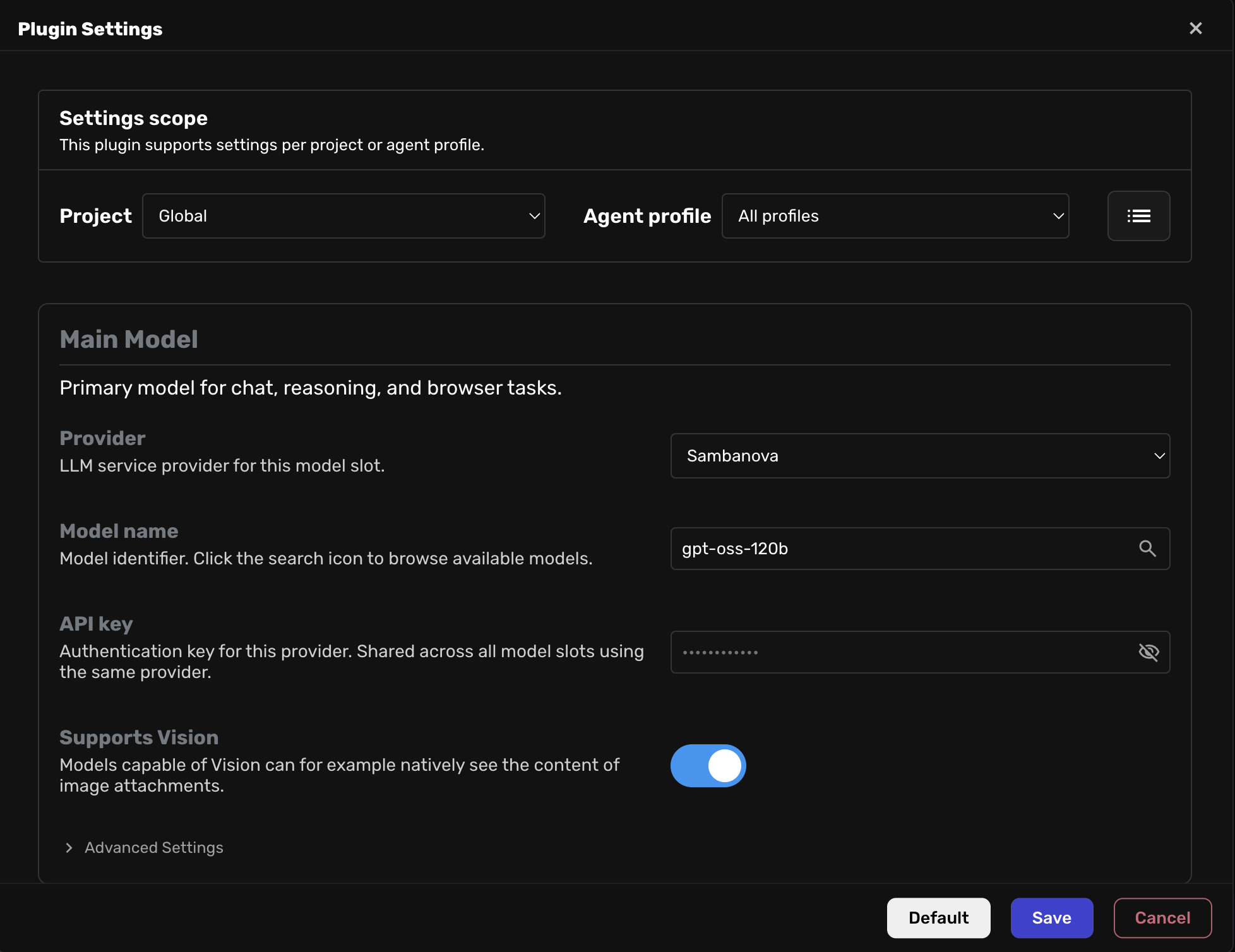 Agent Zero Plugin Settings panel