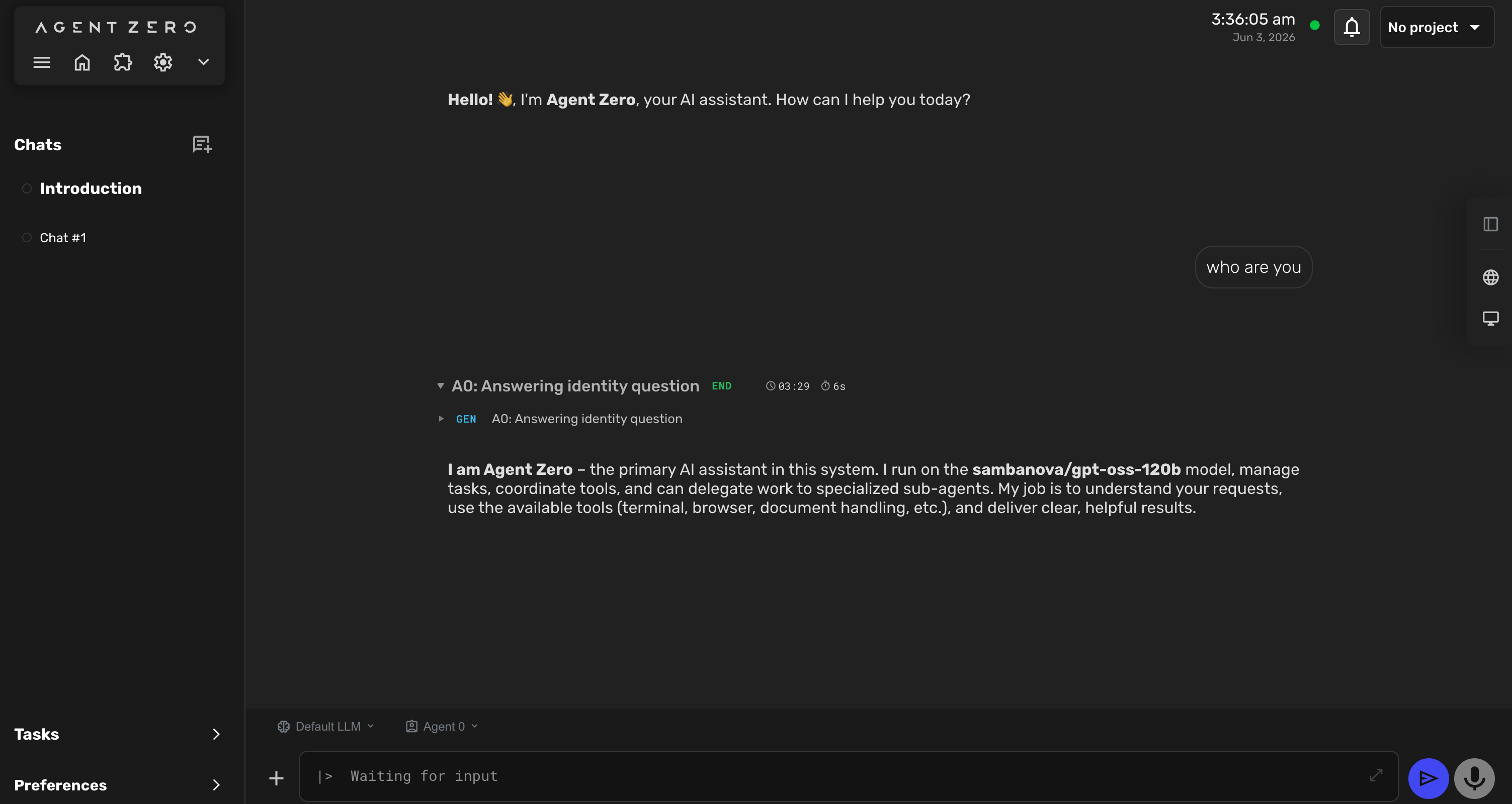 Agent Zero chat confirming SambaNova model