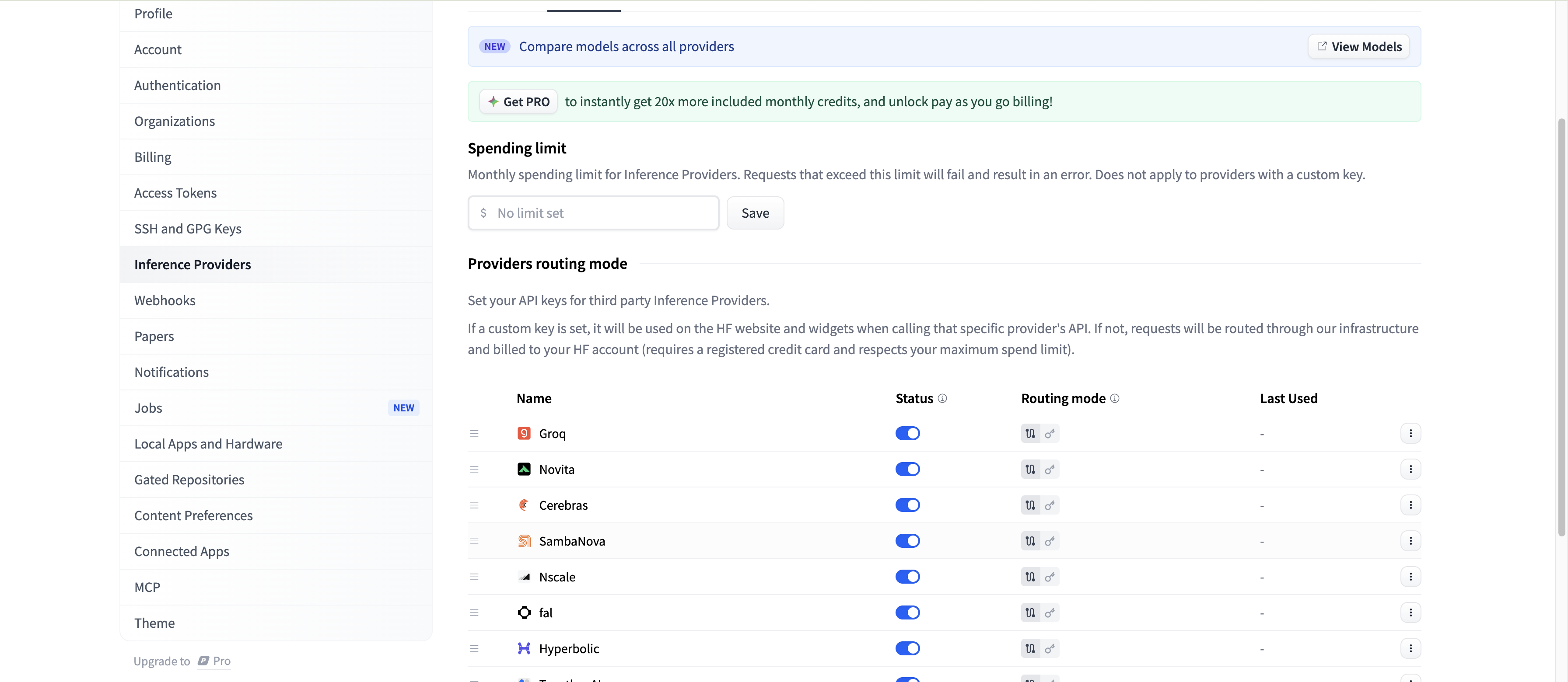 Hugging Face inference providers settings with SambaNova enabled