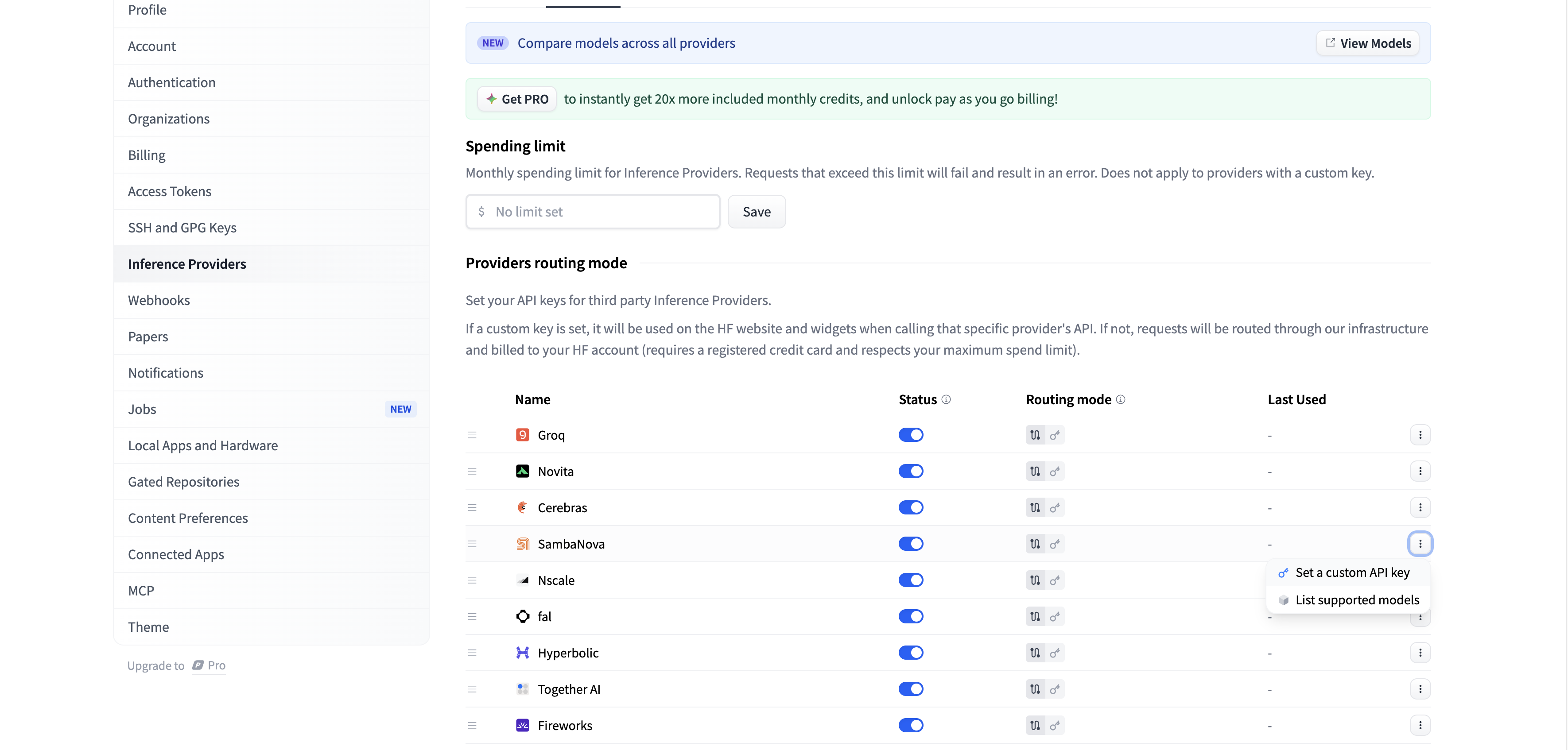 Hugging Face API key configuration for SambaNova