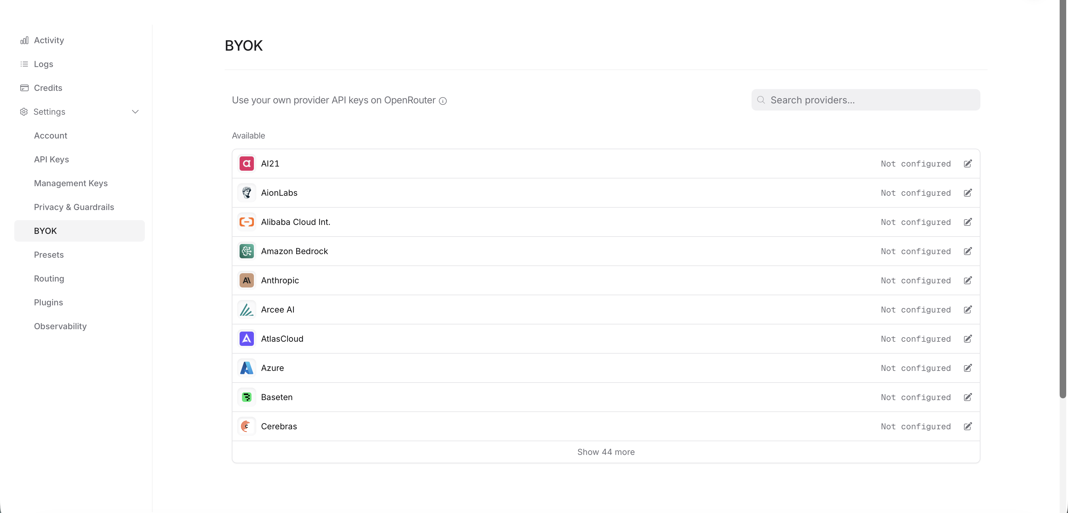 OpenRouter settings page showing the BYOK option