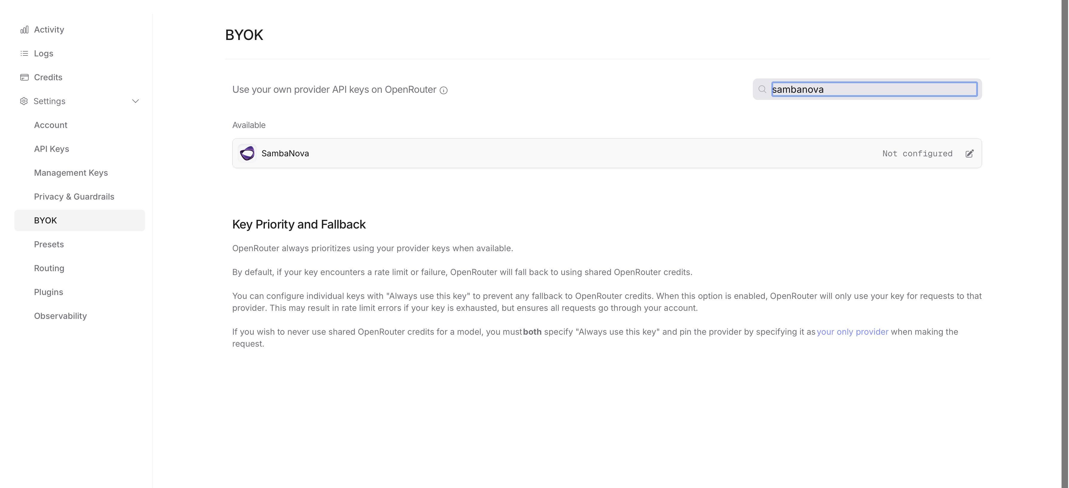 OpenRouter BYOK provider search with SambaNova selected
