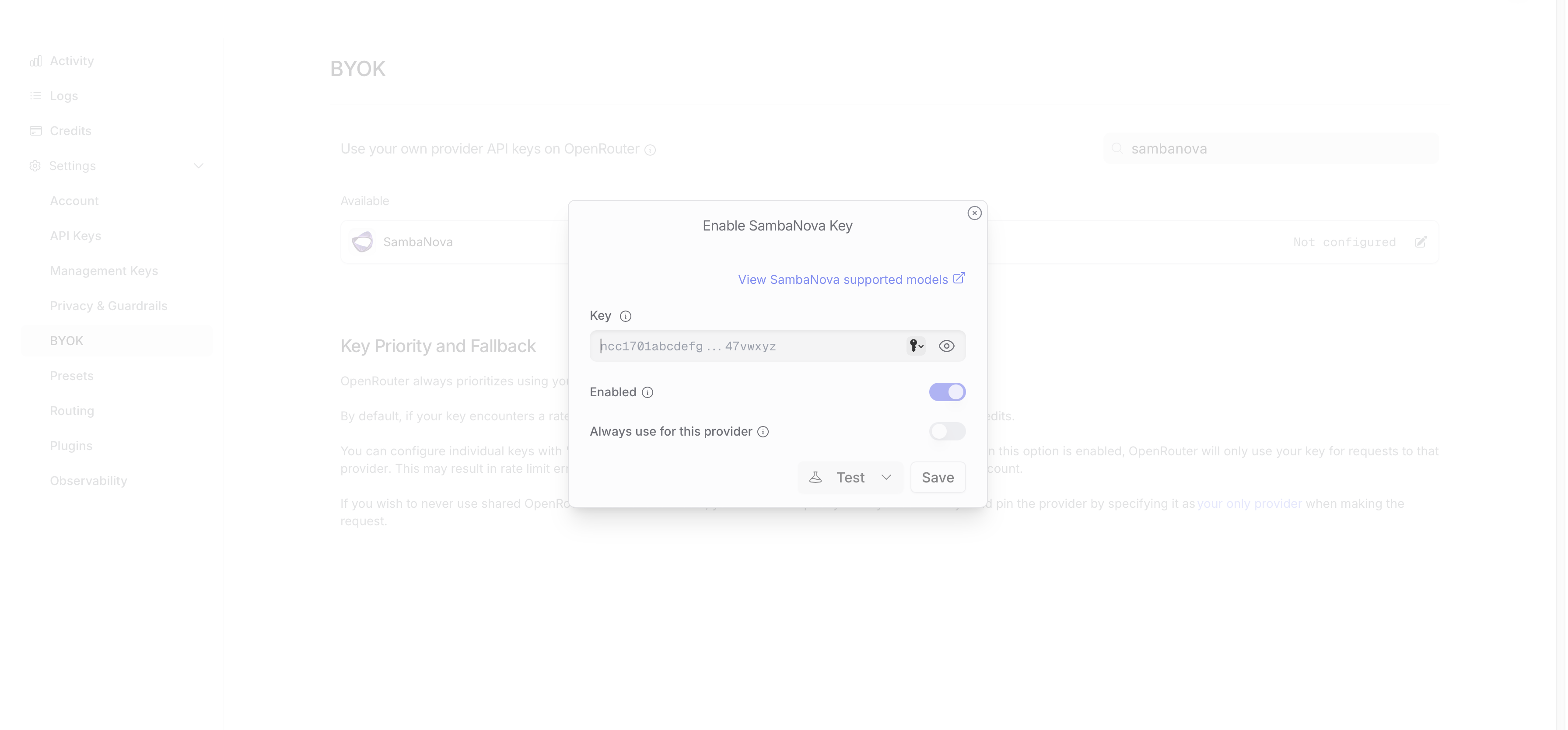 OpenRouter API key input field for SambaNova
