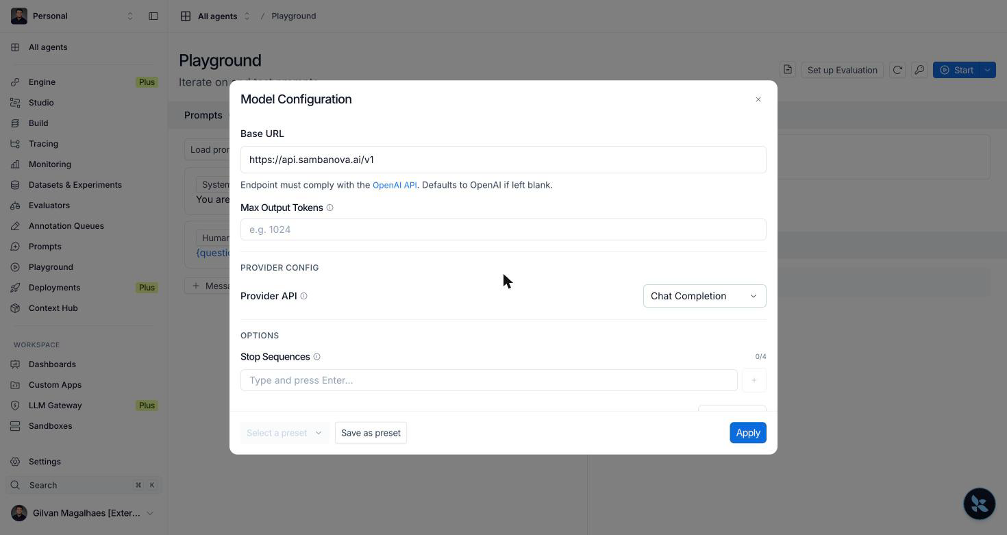 LangSmith Model Configuration dialog scrolled to show Base URL set to the SambaNova endpoint and Provider API set to Chat Completion.