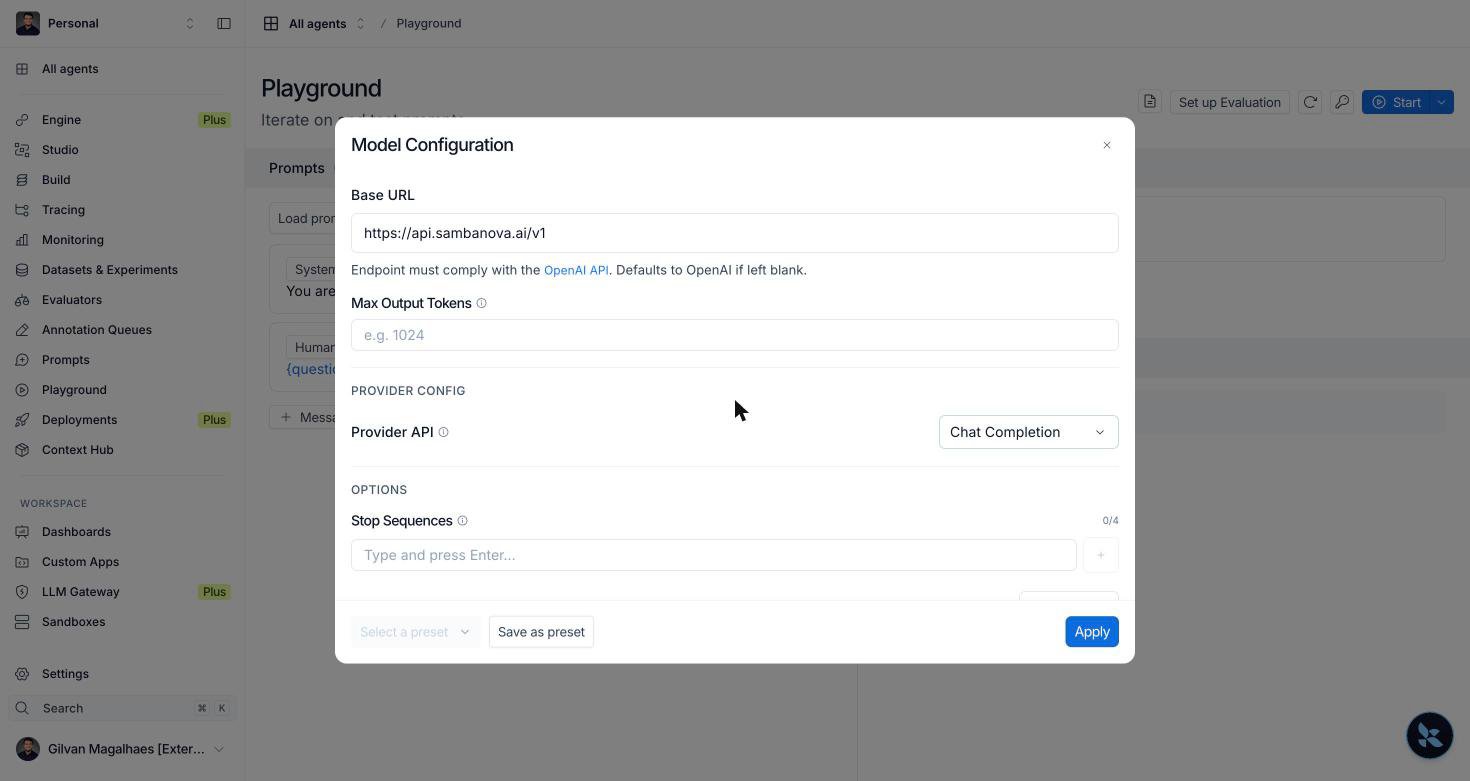 LangSmith Model Configuration dialog scrolled to show Base URL set to the SambaNova endpoint and Provider API set to Chat Completion.