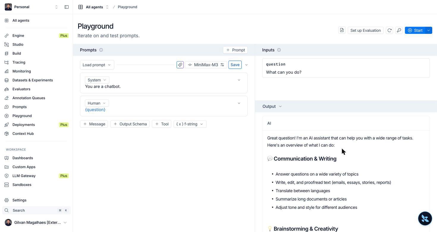 LangSmith Playground showing MiniMax-M3 selected as the model and a completed response in the Output pane listing the model's capabilities.