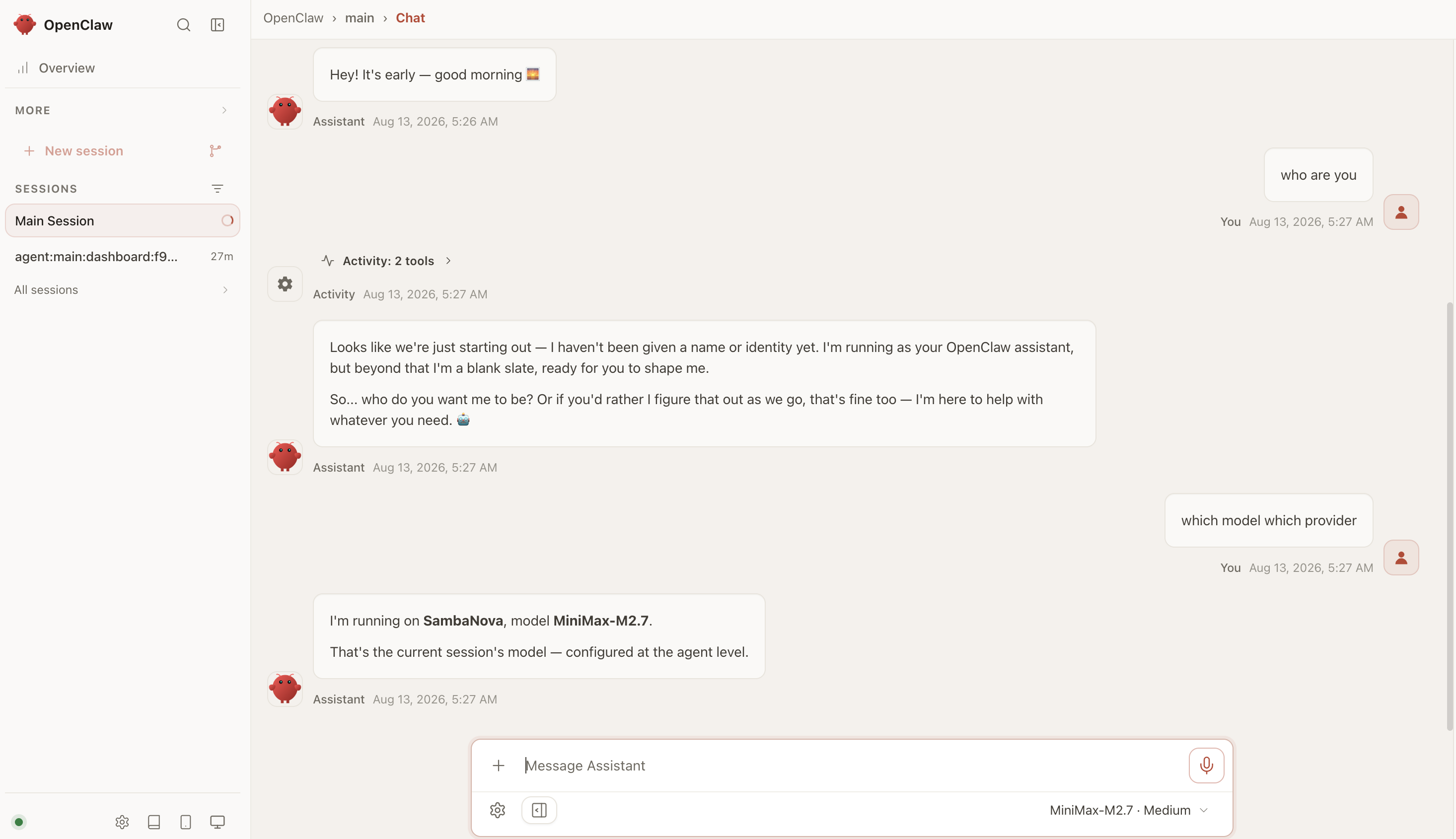 OpenClaw chat interface using a SambaNova model