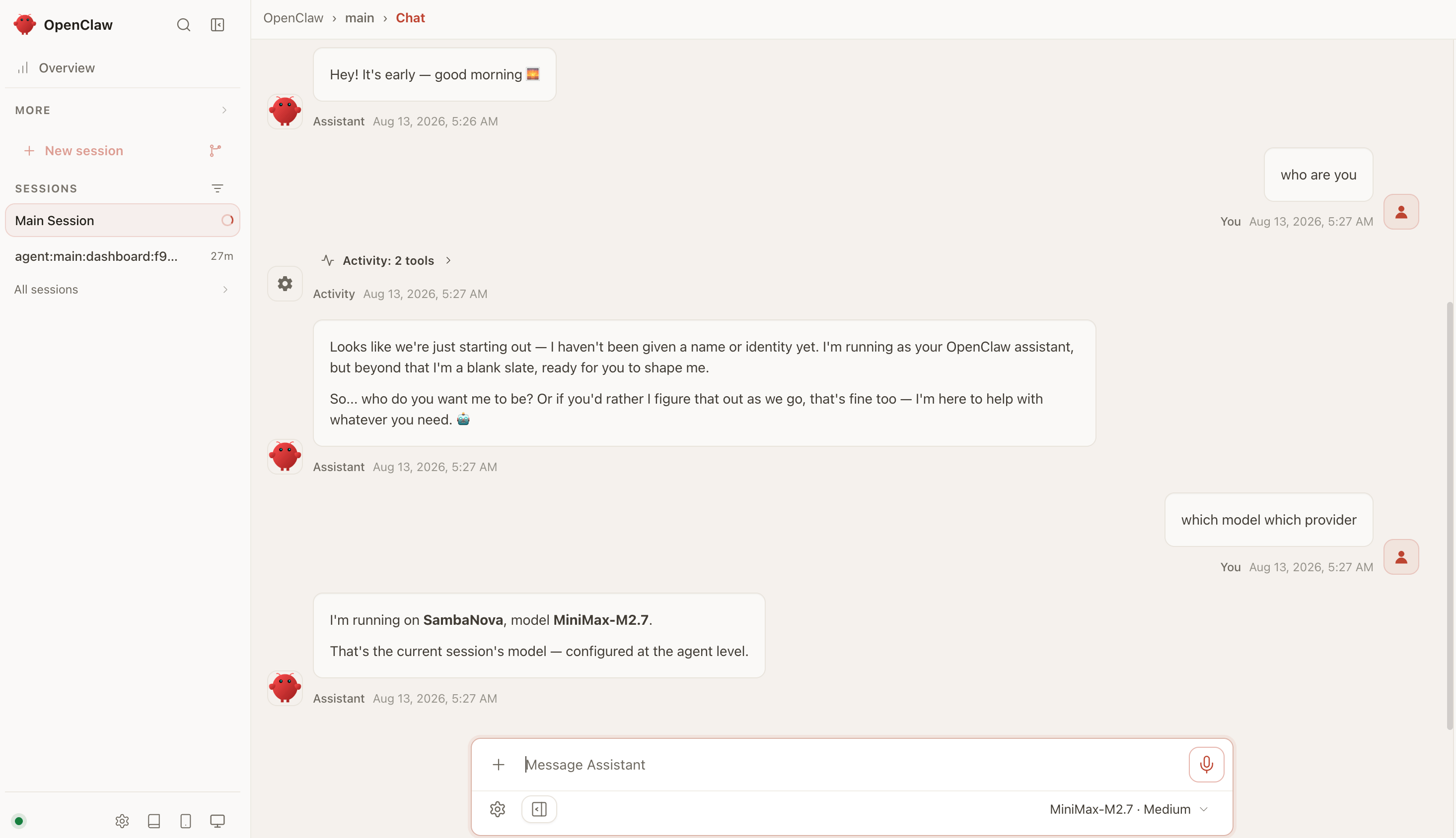OpenClaw chat interface using a SambaNova model