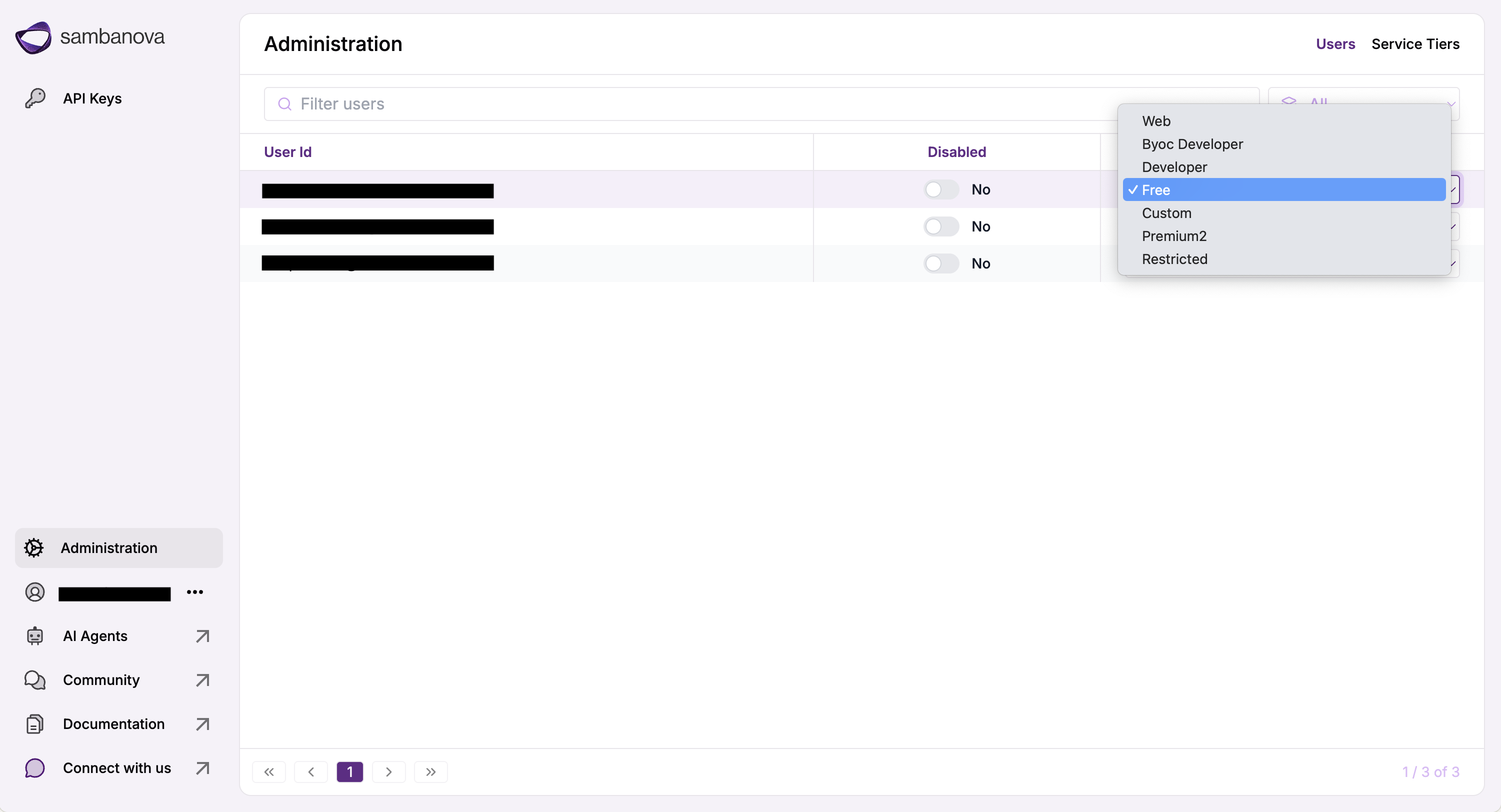 User Service Tier Admin Page