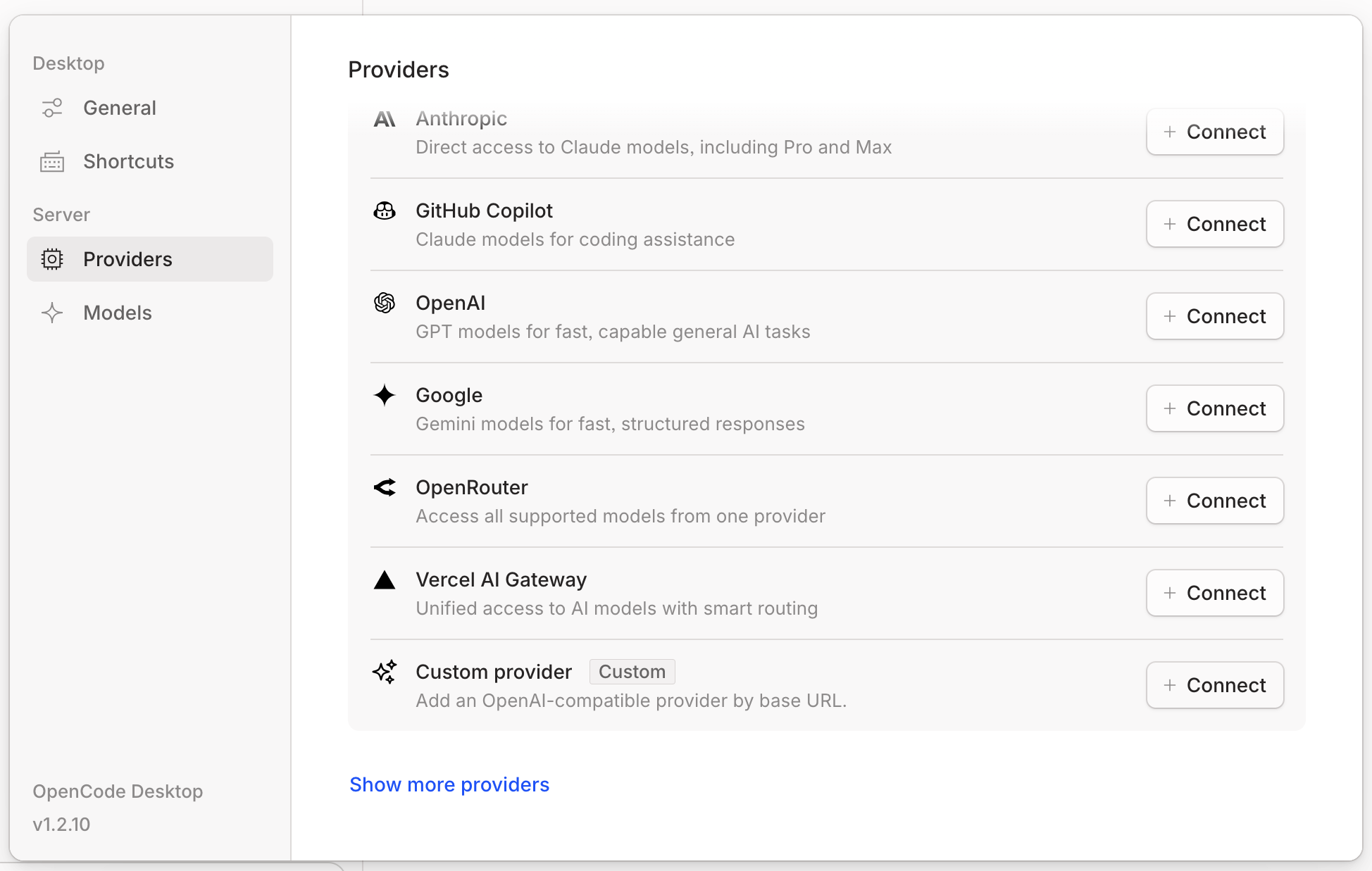 OpenCode settings showing the Providers section