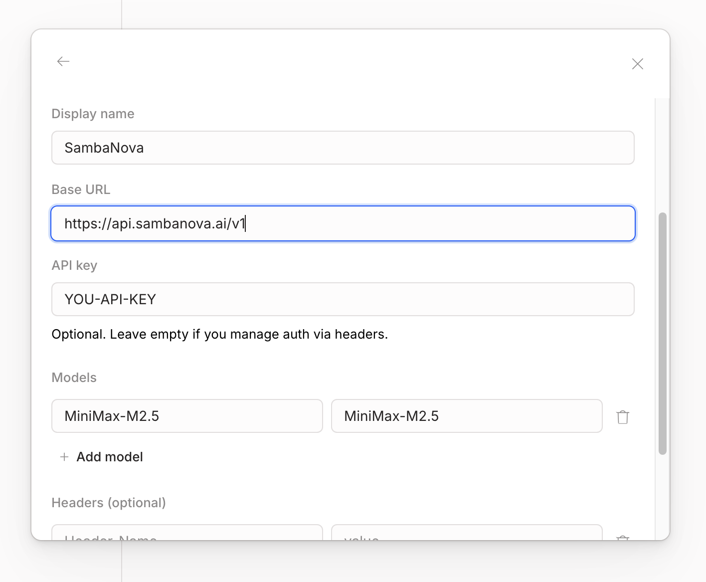 OpenCode provider configuration form with SambaNova credentials