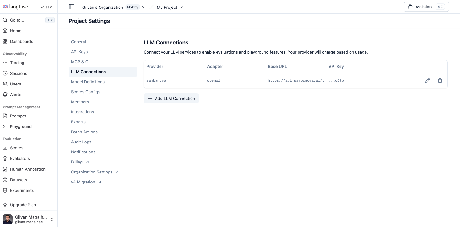 Langfuse LLM Connections settings page with a sambanova connection configured, adapter openai, base URL https://api.sambanova.ai/v1, and a masked API key