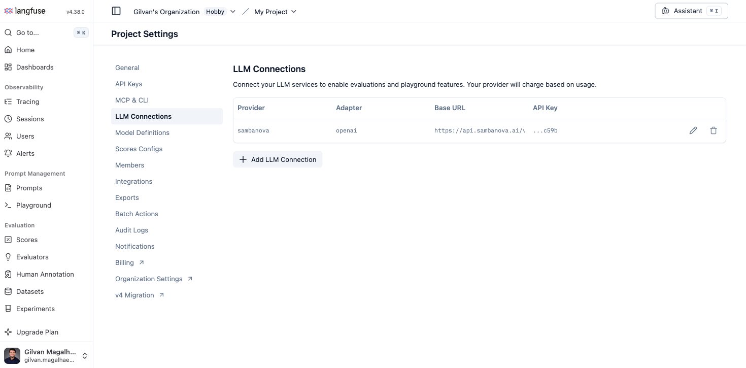Langfuse LLM Connections settings page with a sambanova connection configured, adapter openai, base URL https://api.sambanova.ai/v1, and a masked API key