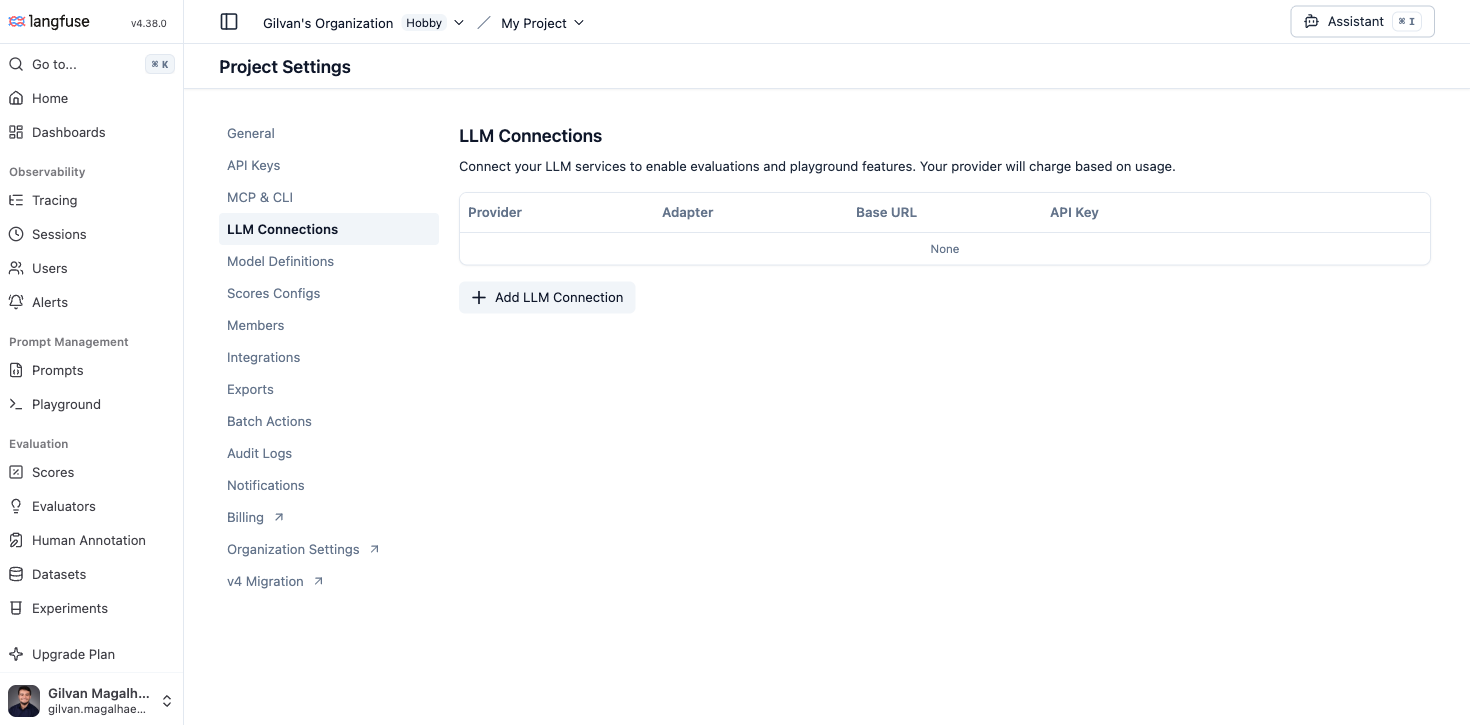 Langfuse Project Settings LLM Connections page before any connection exists, showing an empty table with None and the Add LLM Connection button