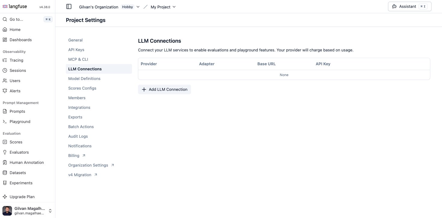 Langfuse Project Settings LLM Connections page before any connection exists, showing an empty table with None and the Add LLM Connection button