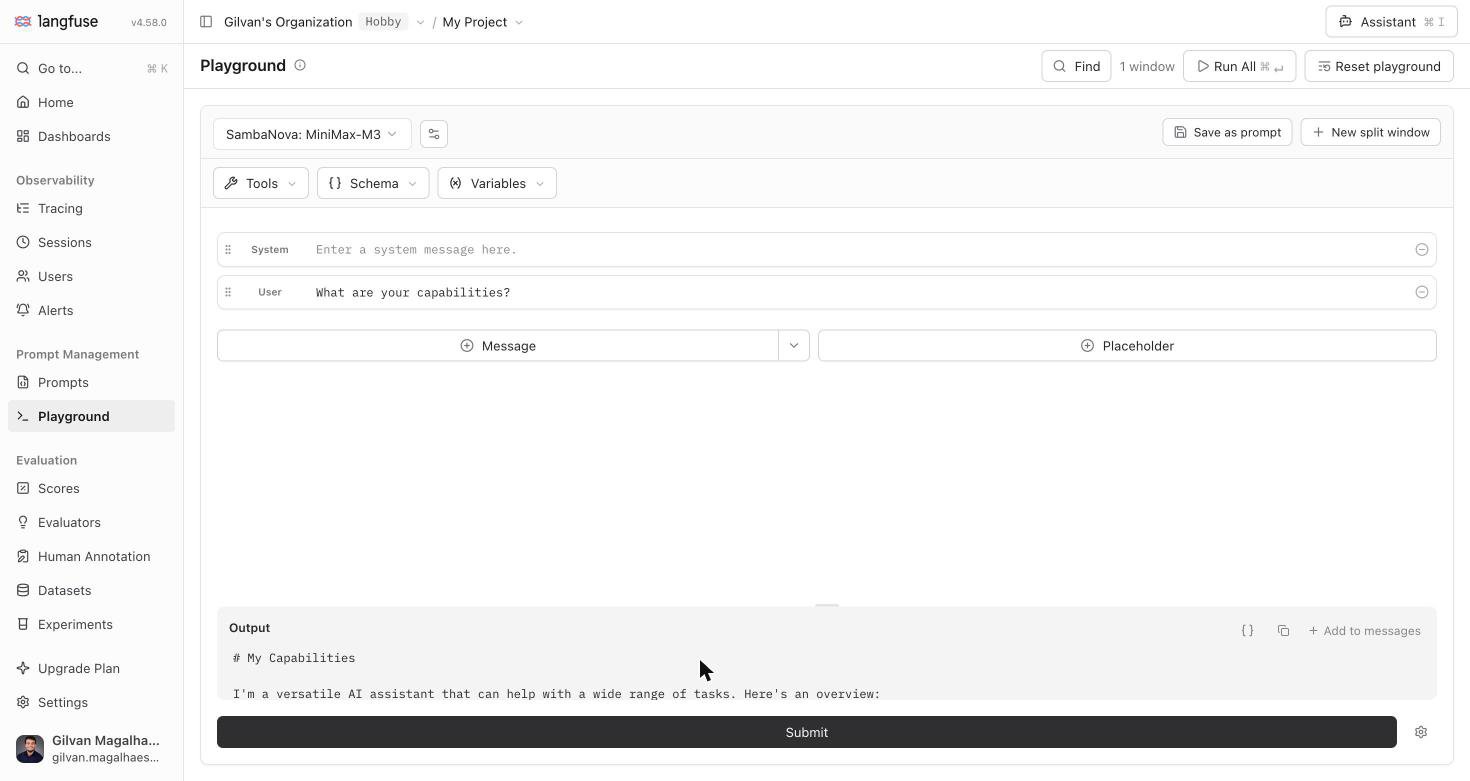 Langfuse Playground with the sambanova: MiniMax-M3 model selected, the message "What are your capabilities?", and a real response beginning "# My Capabilities" followed by "I'm a versatile AI assistant that can help with a wide range of tasks"