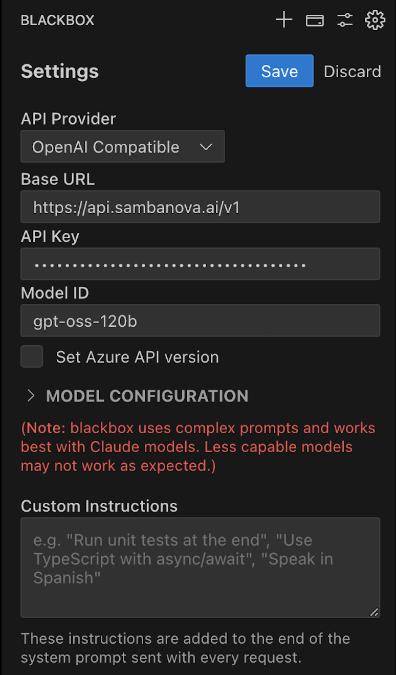 BlackBox settings with OpenAI Compatible API provider configured