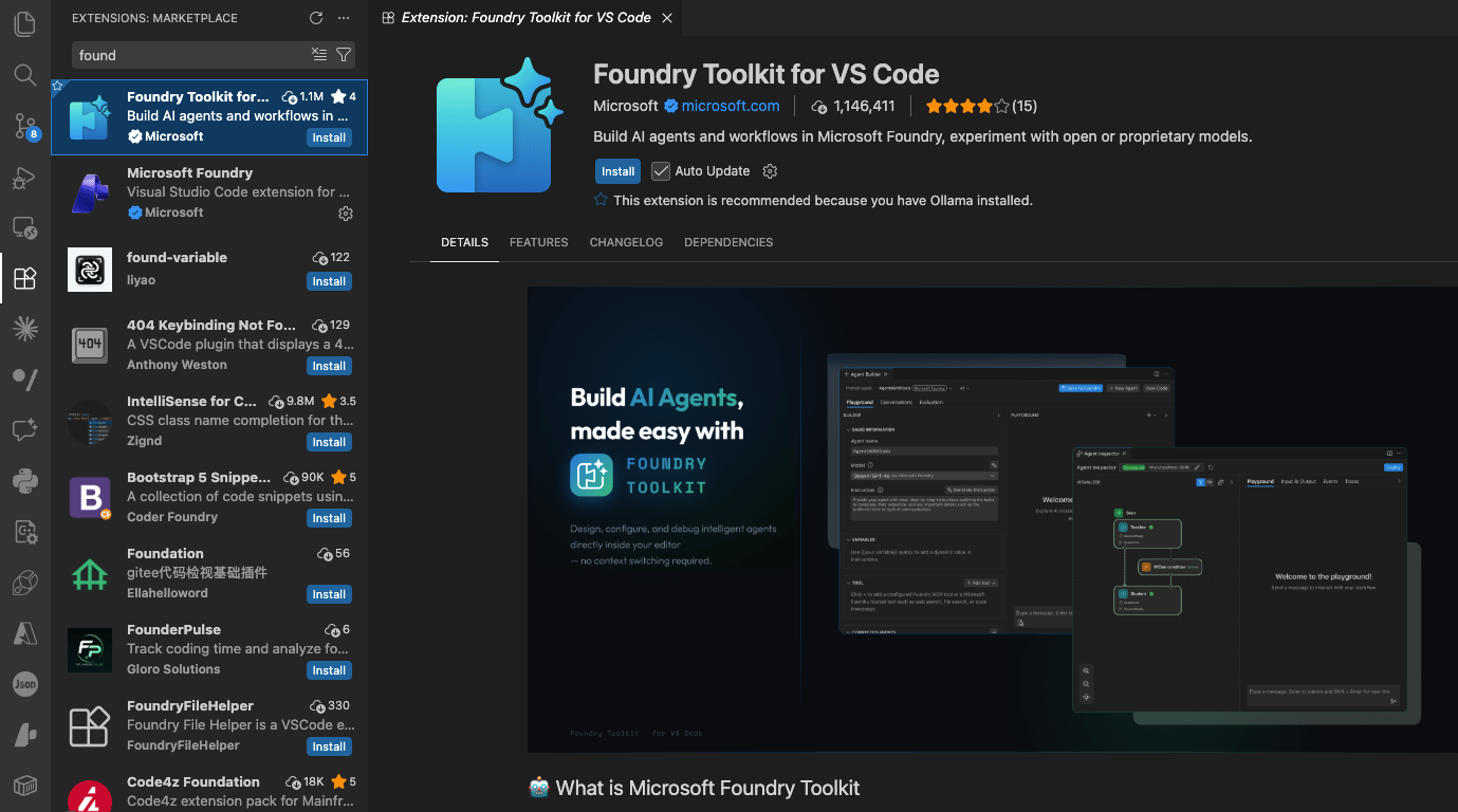 Foundry Toolkit installed in VS Code sidebar