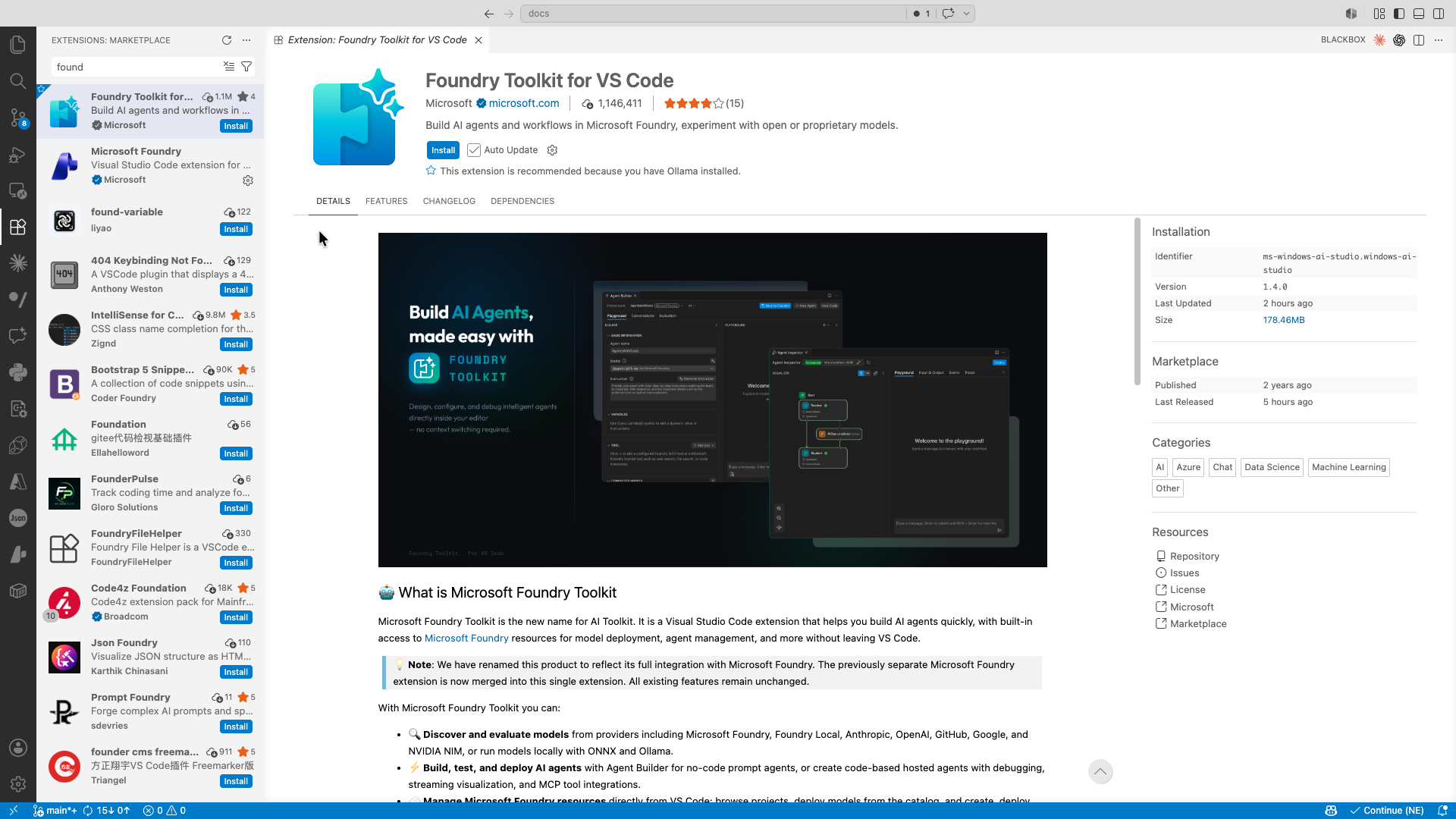 Foundry Toolkit installed in VS Code sidebar