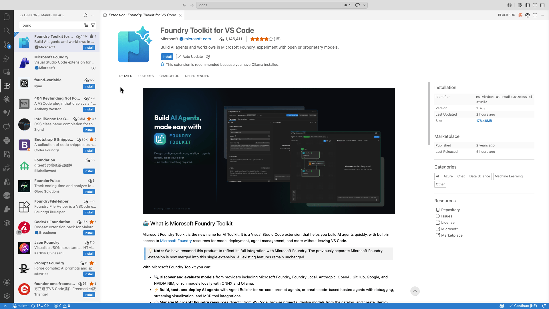 Foundry Toolkit installed in VS Code sidebar