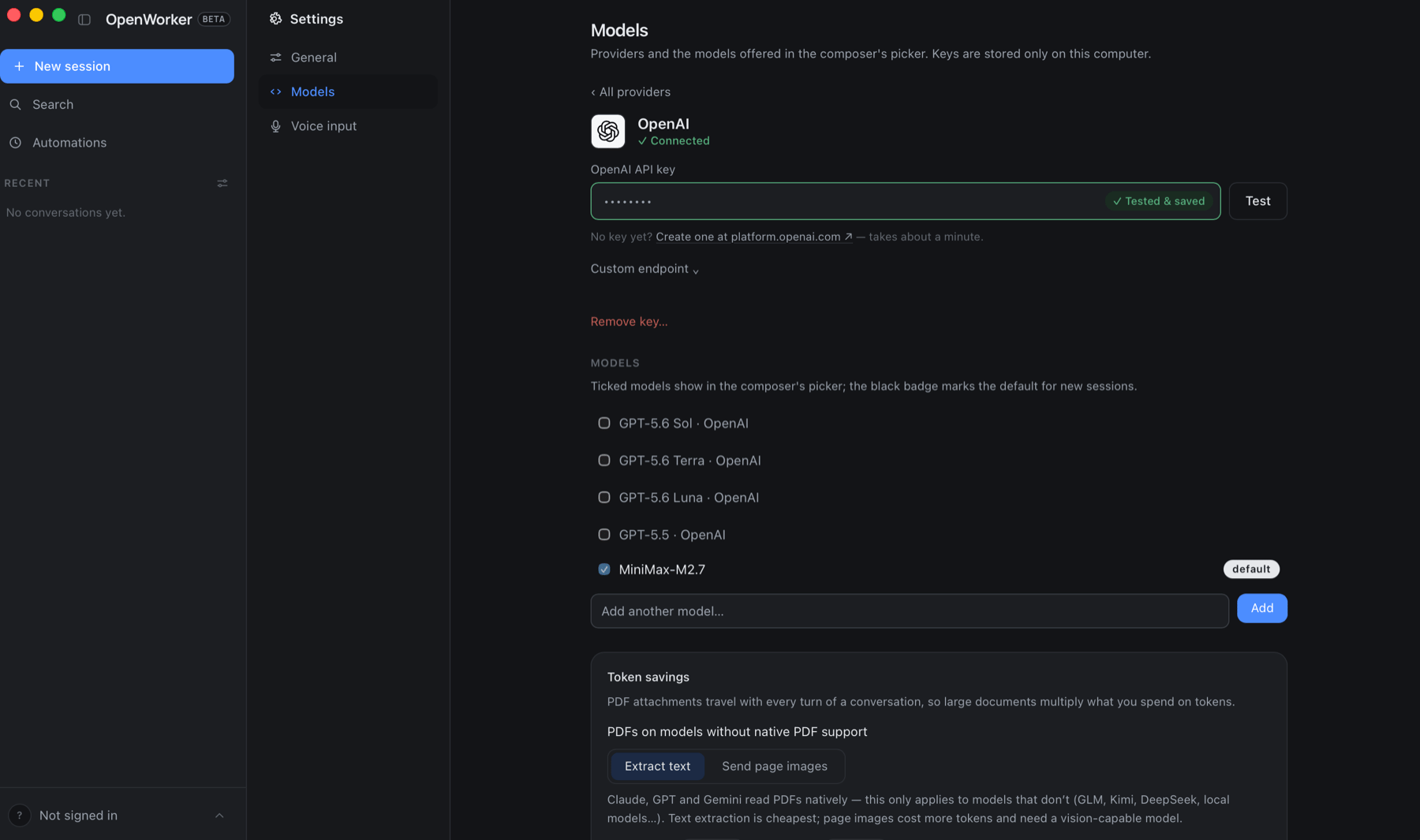 Settings Models pane with MiniMax-M2.7 selected and badged as the default, and the four OpenAI GPT models deselected